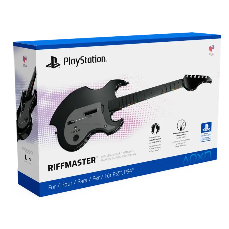 PlayStation. PDP L UN GUITAR CONTROLLER WIRELESS POUR GUITARE SANS FIL MANETTE RIFFMASTER PS4 / Fr PS5, Pour / For / Para / Per Pour / - Compotee Pestivul Partana a Rock tana a oe Conpuntee Aa Fartta . Rock Se af ae p_ Gnamaere -e - cn saaman A + - - - Pr Rodul - -ae sua - - La gutany - -  - - mur -ls .