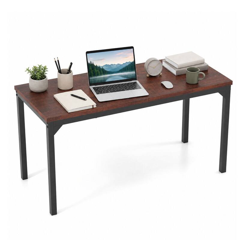 Left. WELLFOR - 55" Computer Desk with Heavy-duty Metal Frame, Rectangle Home Office Desk for Study,Working,Writing - Brown.