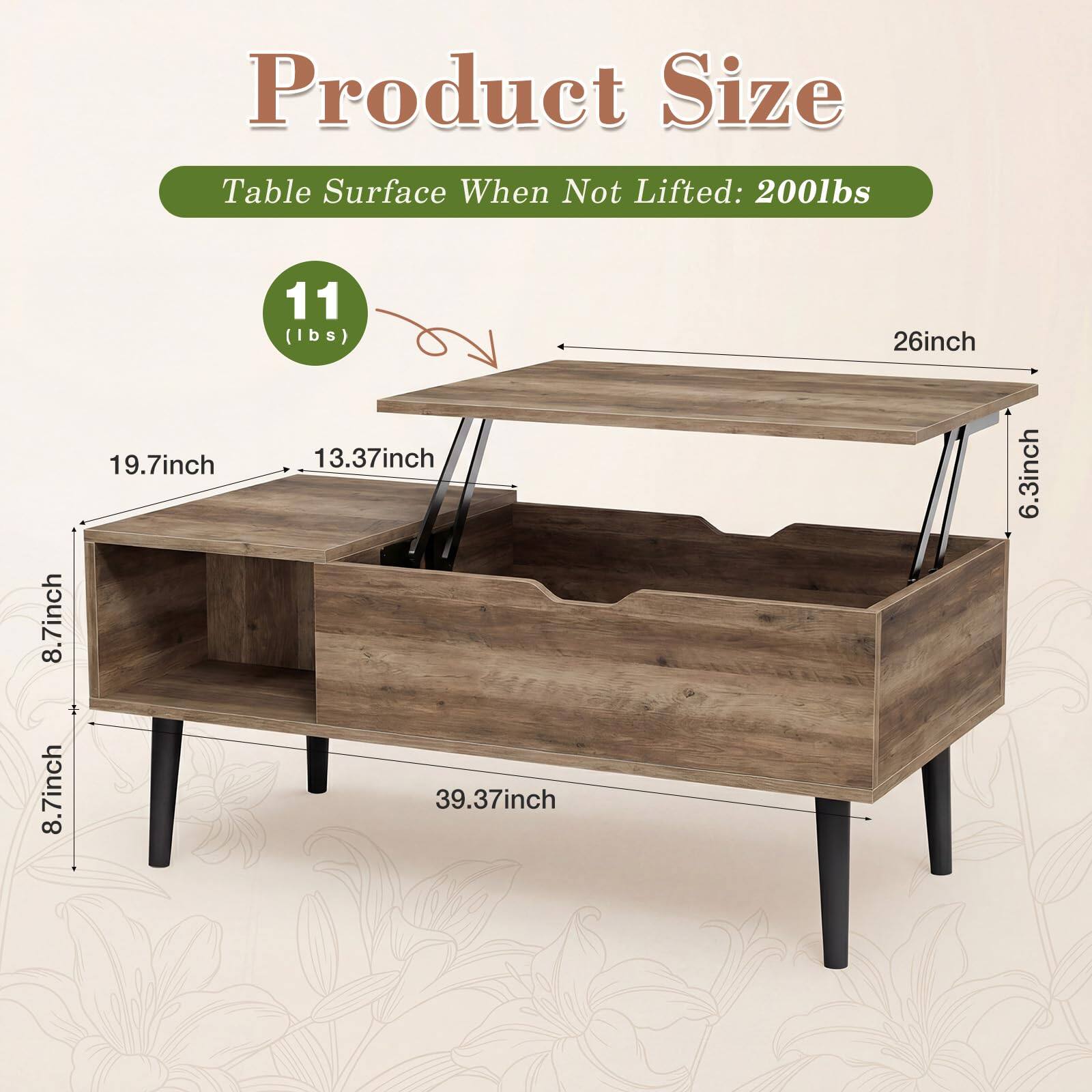 Product Size  
Table Surface When Not Lifted: 200lbs  
11 (lbs)  
26inch  
8.7inch  
8.7inch  
19.7inch  
13.37inch  
39.37inch  
6.3inch