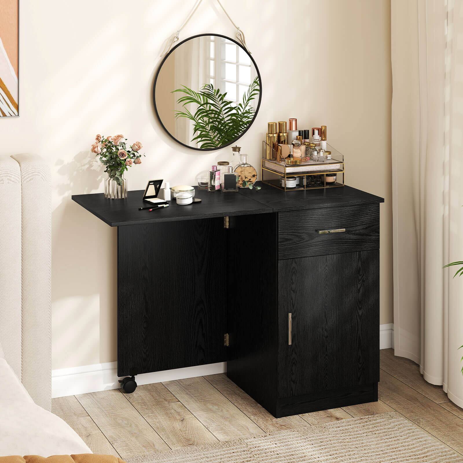 Alt View 3. Costway - Costway Folding Computer Desk with Drawer Cabinet & Adjustable Shelf Wheel for Living Room, Black - Black.