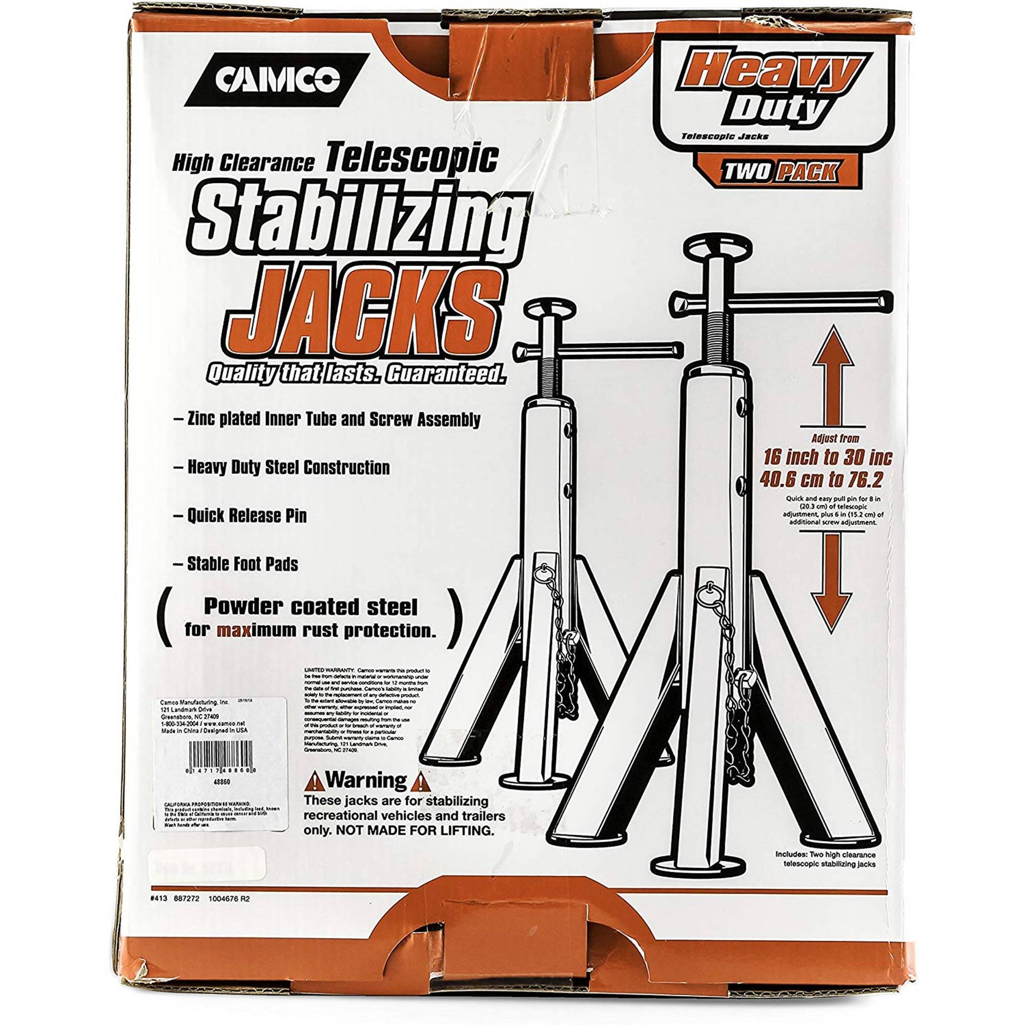 CAIMCO Heavy Duty Telescopic Stabilizing JACKS  
Quality that lasts. Guaranteed.  
- Zinc plated Inner Tube and Screw Assembly  
- Heavy Duty Steel Construction  
- Quick Release Pin  
- Stable Foot Pads  
Powder coated steel for maximum rust protection.  

Adjust from 16 inch to 30 inch (40.6 cm to 76.2 cm)  

Warning: These jacks are for stabilizing recreational vehicles and trailers only. NOT MADE FOR LIFTING.  

Includes: Two high clearance telescopic stabilizing jacks