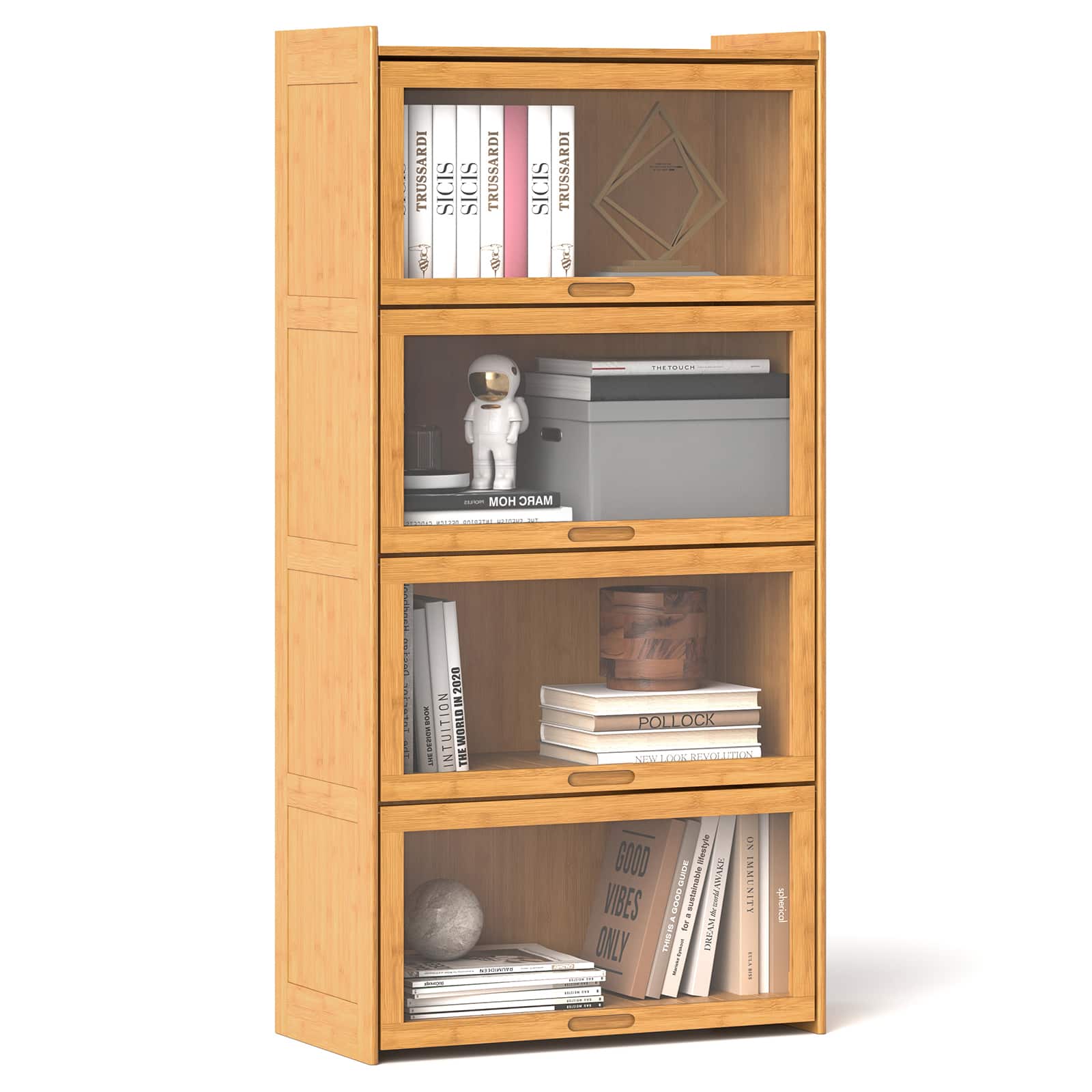 Gymax 4 Tier Bamboo Bookshelf w/Doors See through Acrylic Doors