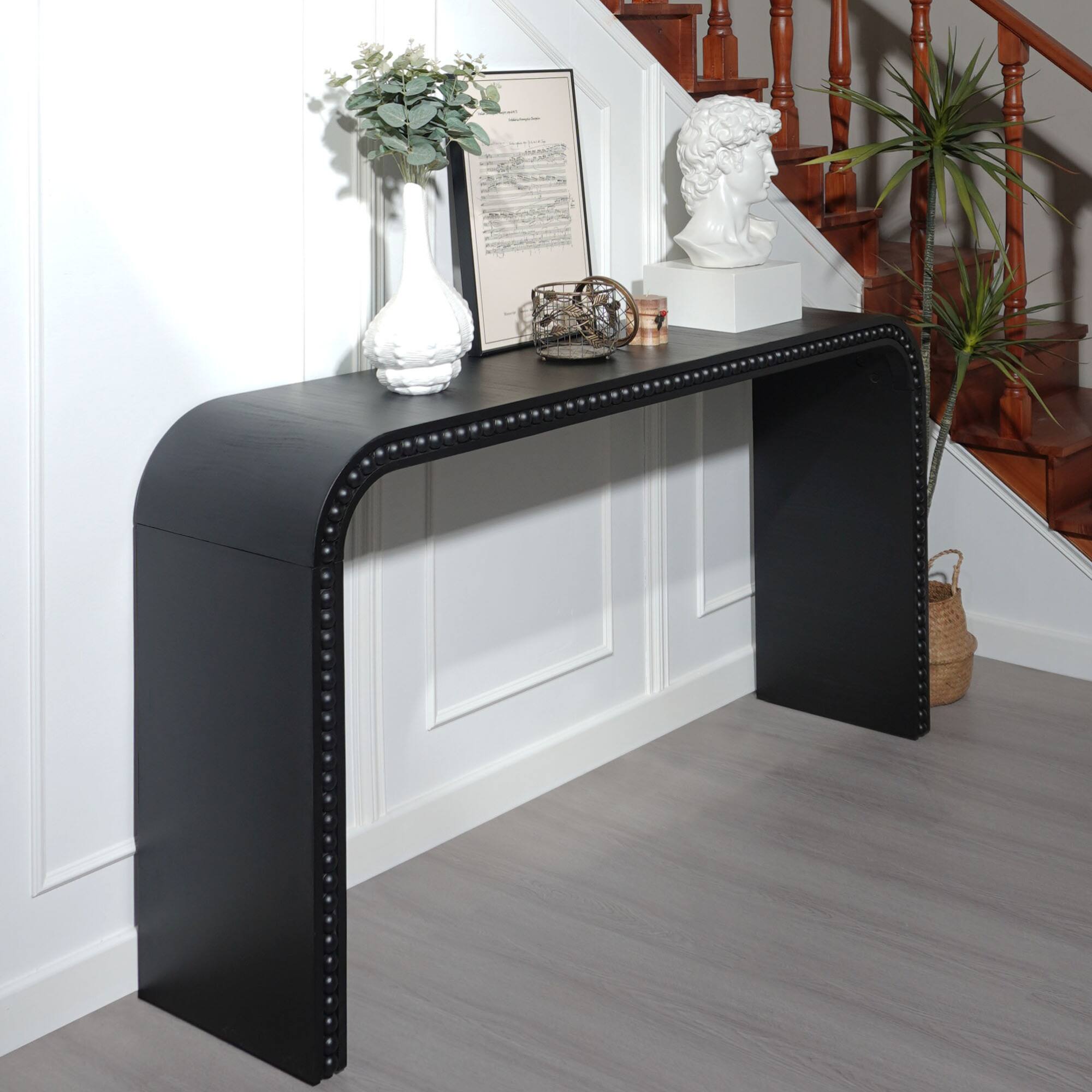 Angle. GOODSILO - Elegant Curved Waterfall Console Table with Wood Bead Detailing for Entryway Hallway Living Room - Black.