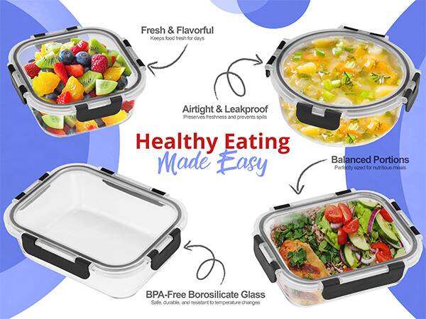 Fresh & Flavorful  
Keeps food fresh for days  

Airtight & Leakproof  
Preserves freshness and prevents spills  

Healthy Eating Made Easy  

Balanced Portions  
Perfectly sized for nutritious meals  

BPA-Free Borosilicate Glass  
Safe, durable, and resistant to temperature changes