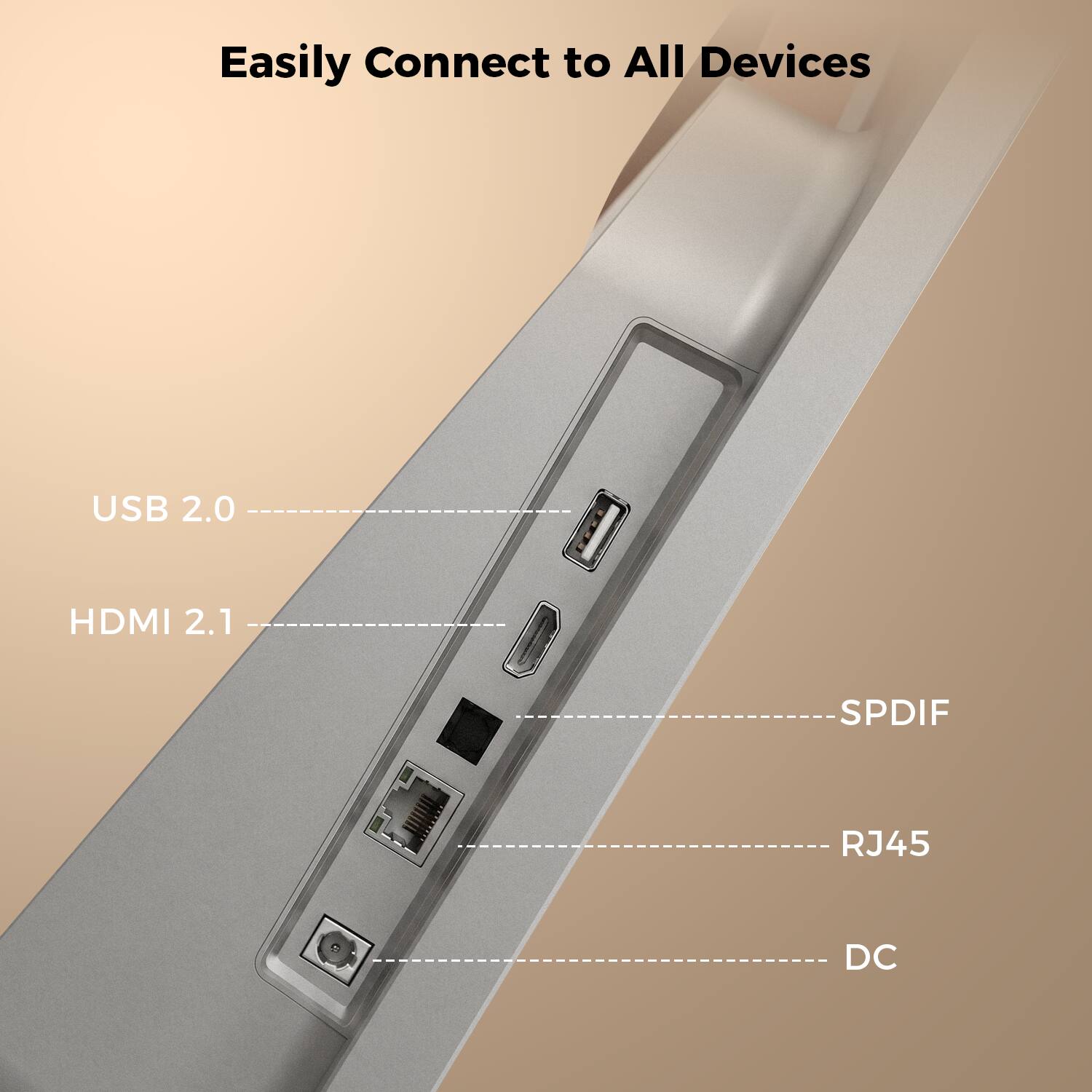 Easily Connect to All Devices

USB 2.0
HDMI 2.1
SPDIF
RJ45
DC