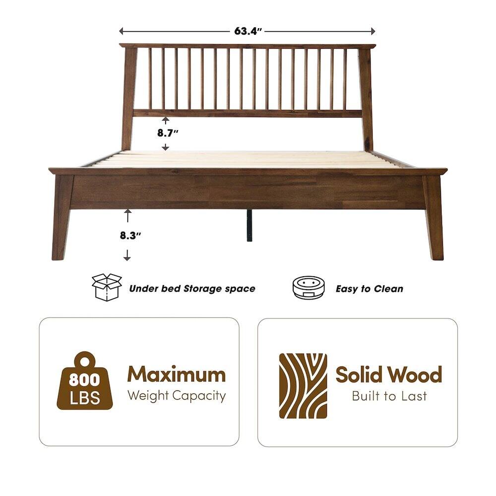 63.4" 8.7" 8.3"  
Under bed Storage space  
Easy to Clean  
800 Maximum LBS Weight Capacity  
Solid Wood Built to Last