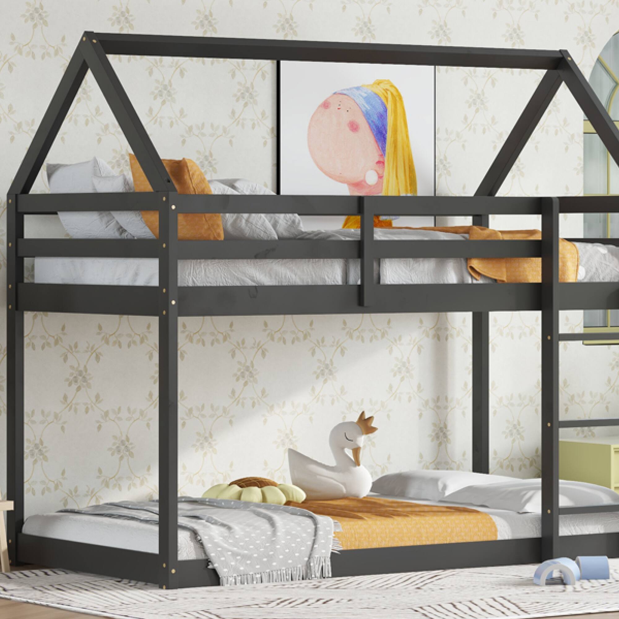 Alt View 10. GOODSILO - House-Shaped Twin Over Twin Rubber Wood Bunk Bed with Ladder and Guardrails for Kids - Black.