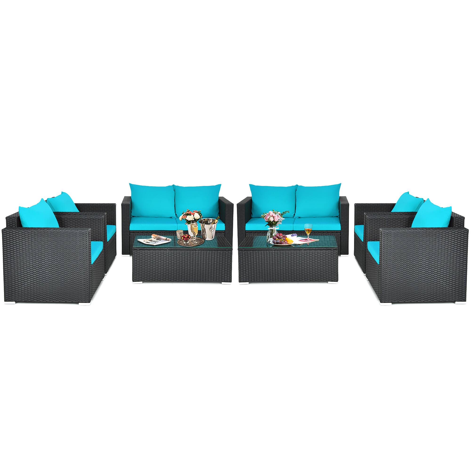 Costway - 8PCS Patio Rattan Cushioned Sofa Chair Coffee Table - Turquoise
