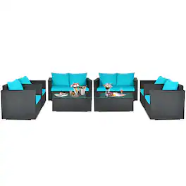 Costway - 8PCS Patio Rattan Cushioned Sofa Chair Coffee Table - Turquoise