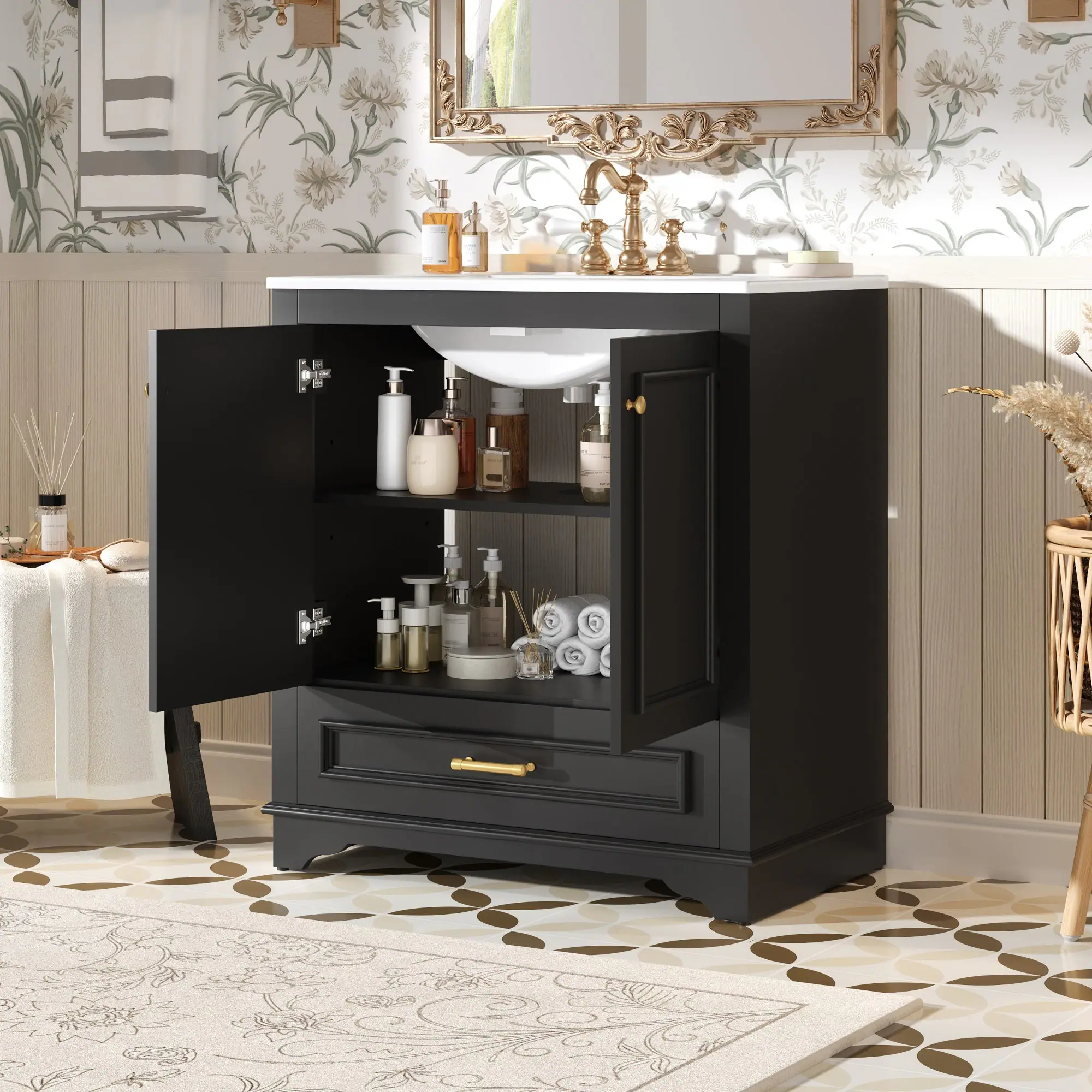 Alt View 2. Boyel Living - 30 Inch Bathroom Vanity with Ceramic Sink Solid Wood Frame Black - Black.