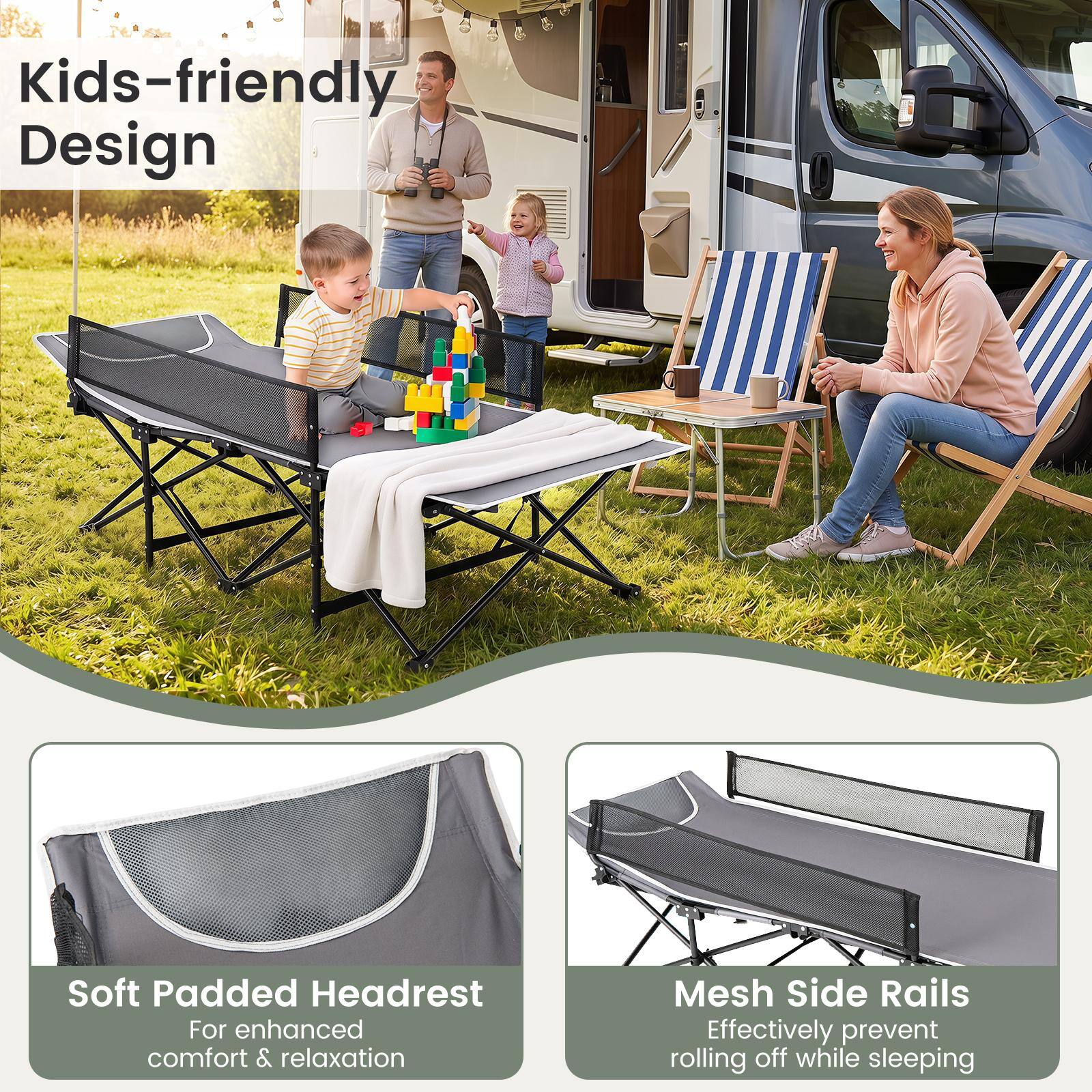 Kids-friendly Design

Soft Padded Headrest For enhanced comfort & relaxation

Mesh Side Rails Effectively prevent rolling off while sleeping