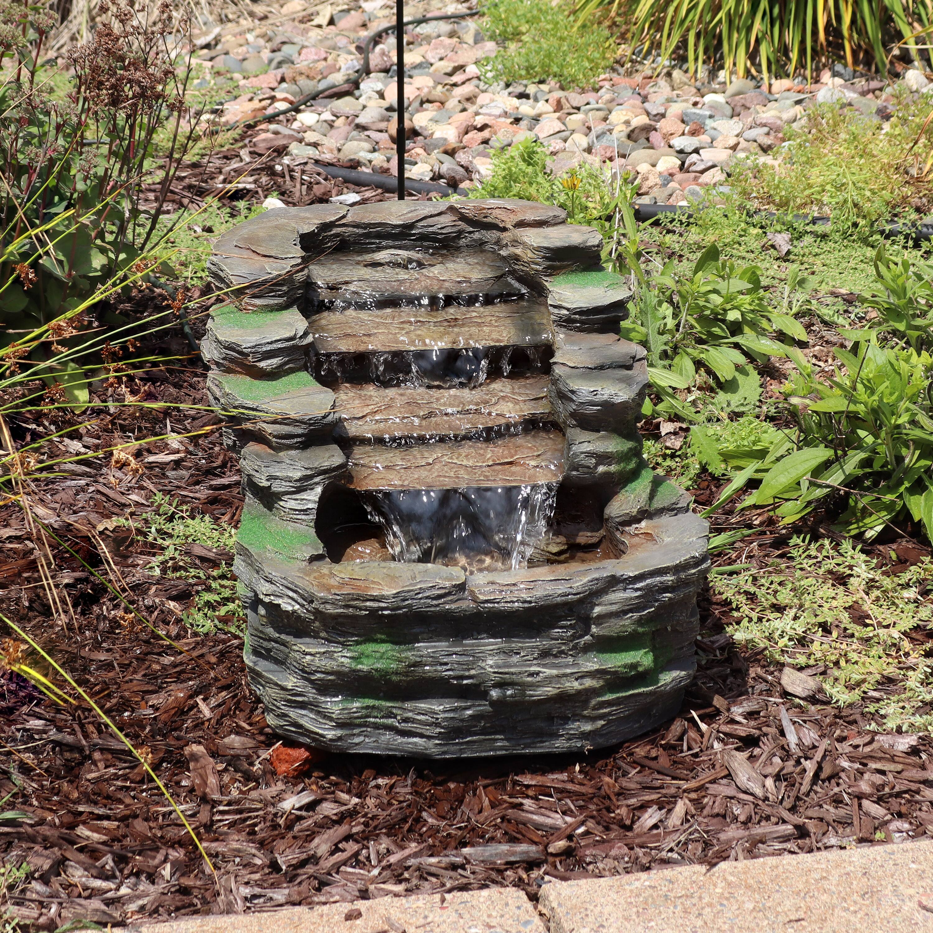 Alt View 4. Sunnydaze - Shale Falls Outdoor Water Fountain with LED Lights - 13.75 in - Grey.