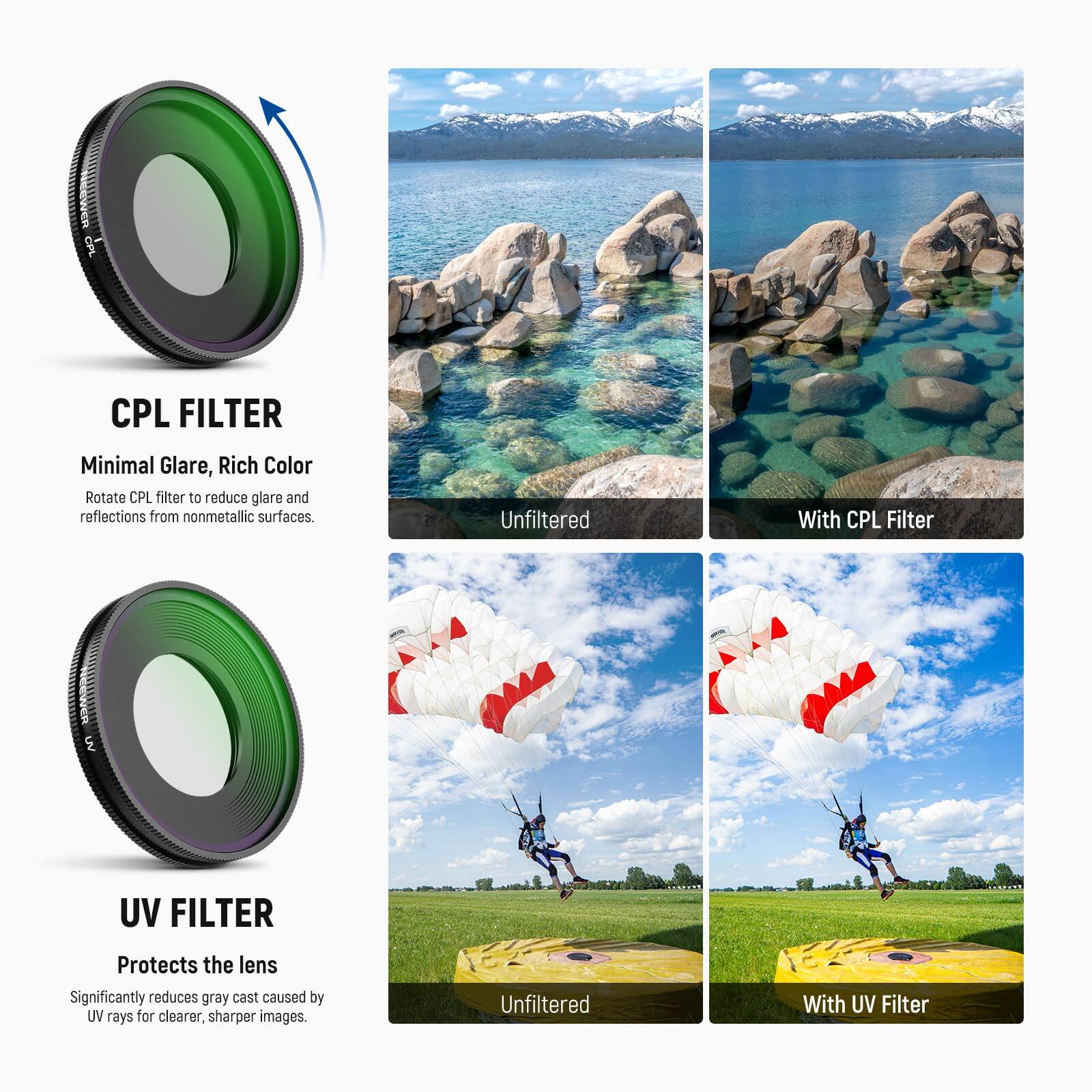 CPL FILTER  
Minimal Glare, Rich Color  
Rotate CPL filter to reduce glare and reflections from nonmetallic surfaces.  
Unfiltered | With CPL Filter  

UV FILTER  
Protects the lens  
Significantly reduces gray cast caused by UV rays for clearer, sharper images.  
Unfiltered | With UV Filter