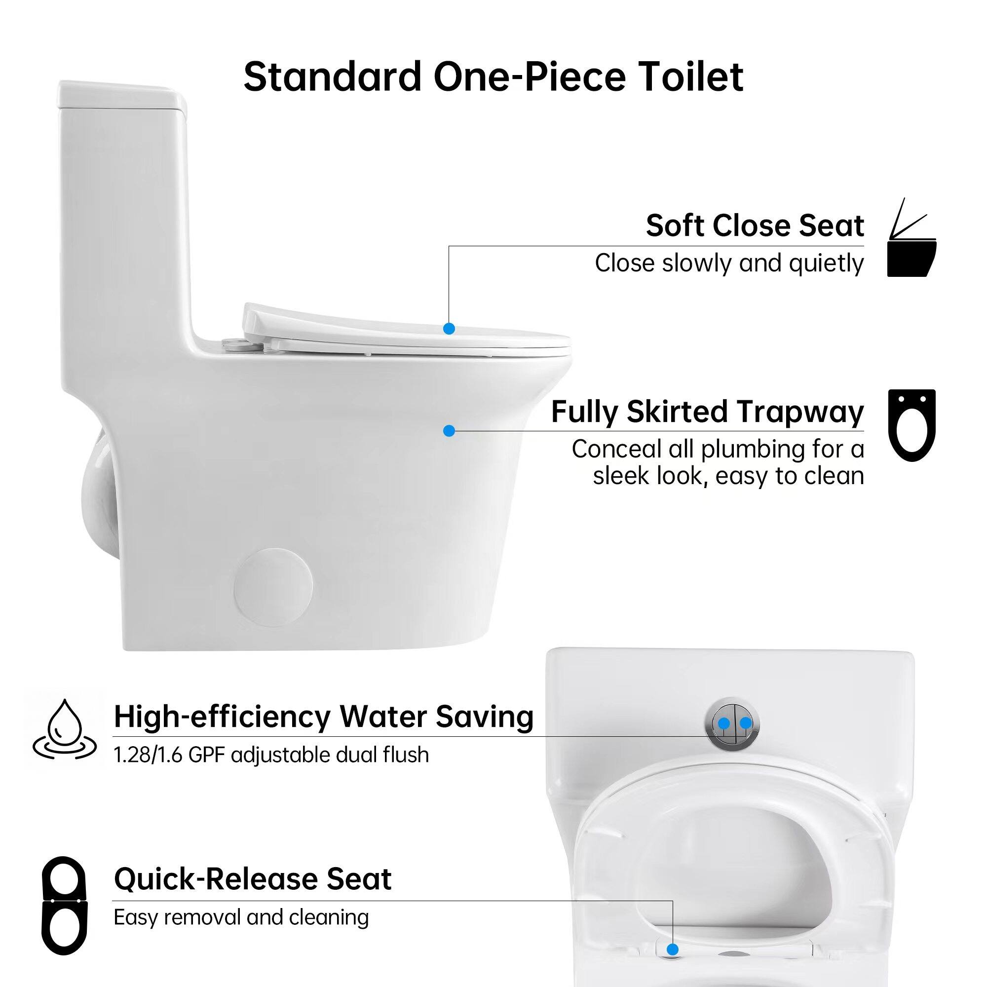 Standard One-Piece Toilet

Soft Close Seat
Close slowly and quietly

Fully Skirted Trapway
Conceal all plumbing for a sleek look, easy to clean

High-efficiency Water Saving
1.28/1.6 GPF adjustable dual flush

Quick-Release Seat
Easy removal and cleaning