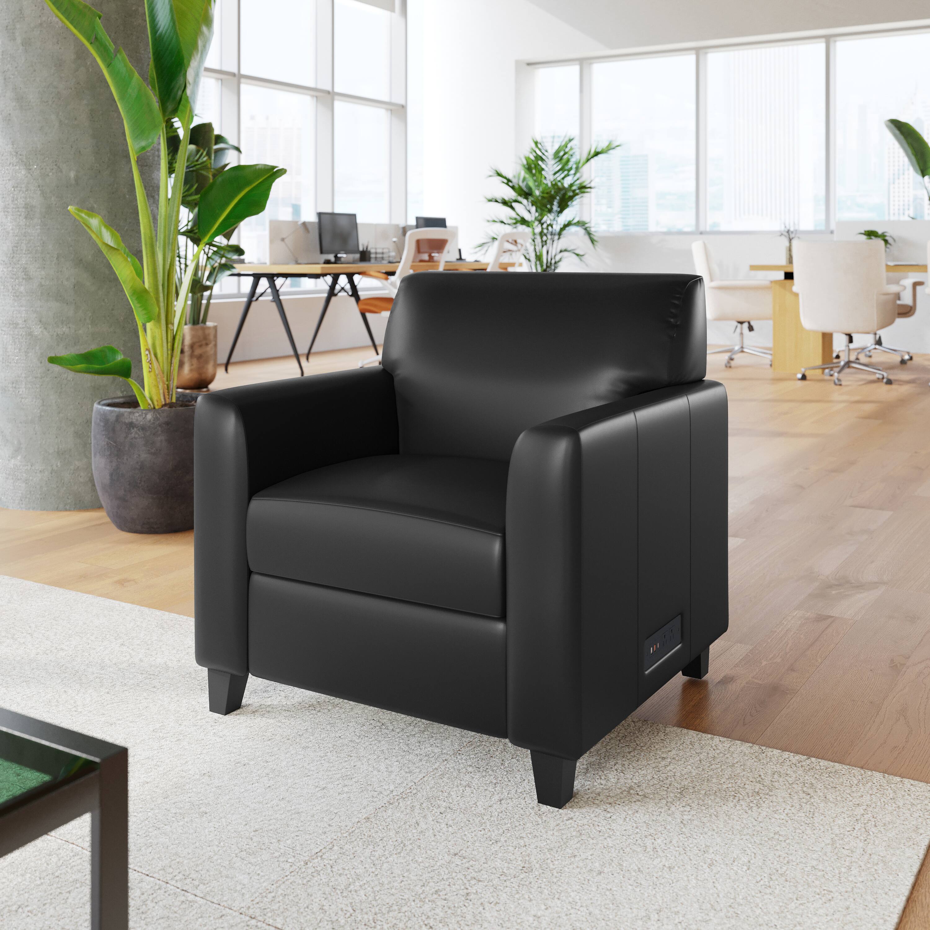 Alt View 1. Flash Furniture - Agent Black LeatherSoft Reception Chair with Right Side Charging Bank, Includes 2 Outlets, 2USB Ports, 1 USB-C Port, Sol - Black.