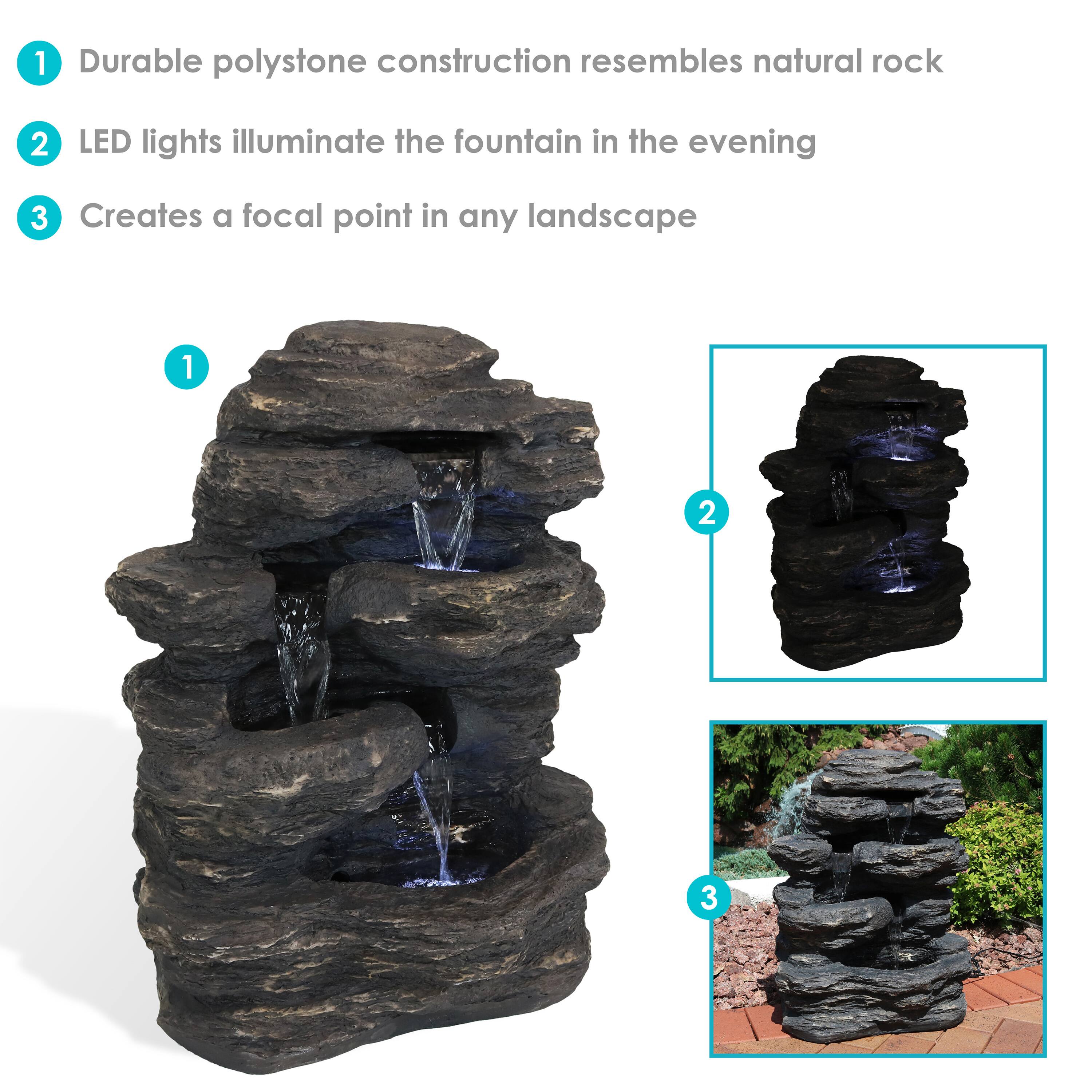 1. Durable polystone construction resembles natural rock  
2. LED lights illuminate the fountain in the evening  
3. Creates a focal point in any landscape