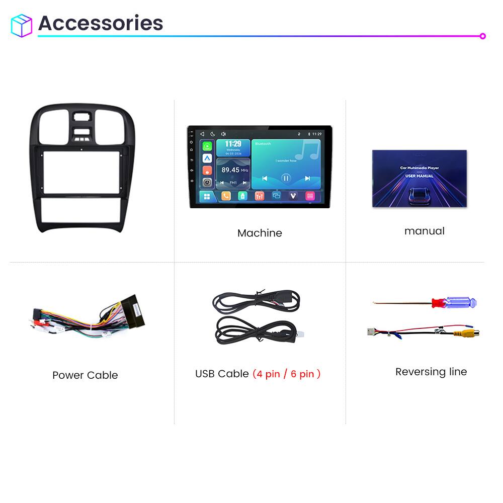 Accessories

11:29 Wednesday 04-03-2008

Bluetooth
- 11:29
wonder how
89.45 MHz FM

Car Multimedia Player USER MANUAL

Machine
manual

Power Cable
USB Cable (4 pin / 6 pin)
Reversing line