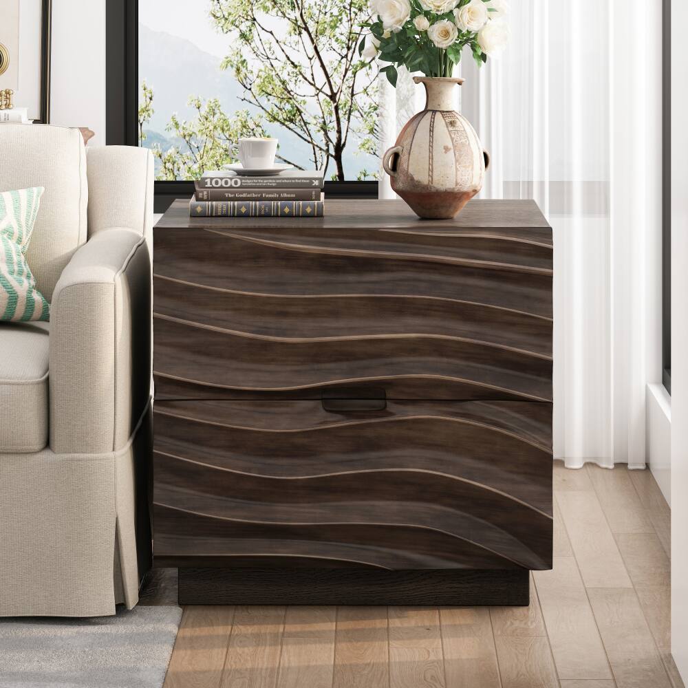 Angle. JUJABU - Brown Solid Wood Nightstands, Bedside Table with 2 Drawers for Living Room - Brown.