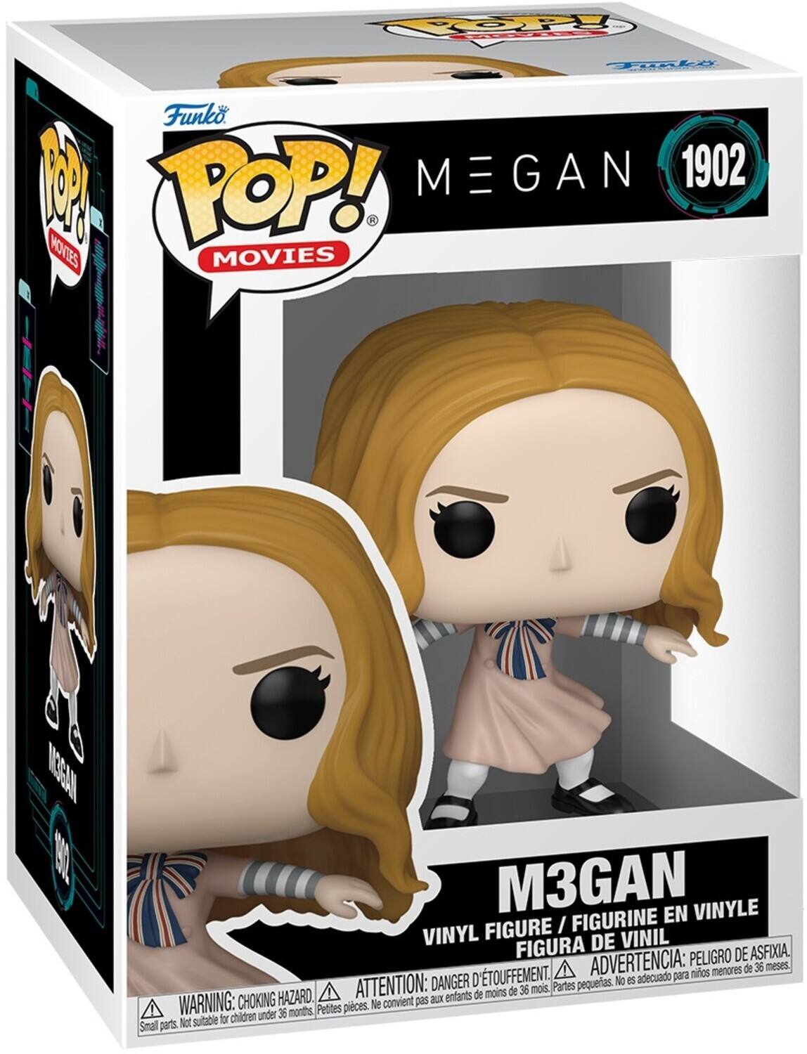TOP Toi Funko POP! MEGAN 1902 MOVIES | OSAN 10 M3GAN EN VINYLE FIGURE I FIGURINE VINYL DE VINIL FIGURA DE VINIL  
PELIGRO DE ASFIXIA. D'TOUFFEMENT. ADVERTENCIA: ninos menores de 36 meses. DANGER No es adecuado para ATTENTION: de 36 mois.  
HAZARD. enfants de moins WARNING: CHOKING Ne convient pas aux 36 months. Petites pices.  
Small parts. Not suitable for children under 36 months.