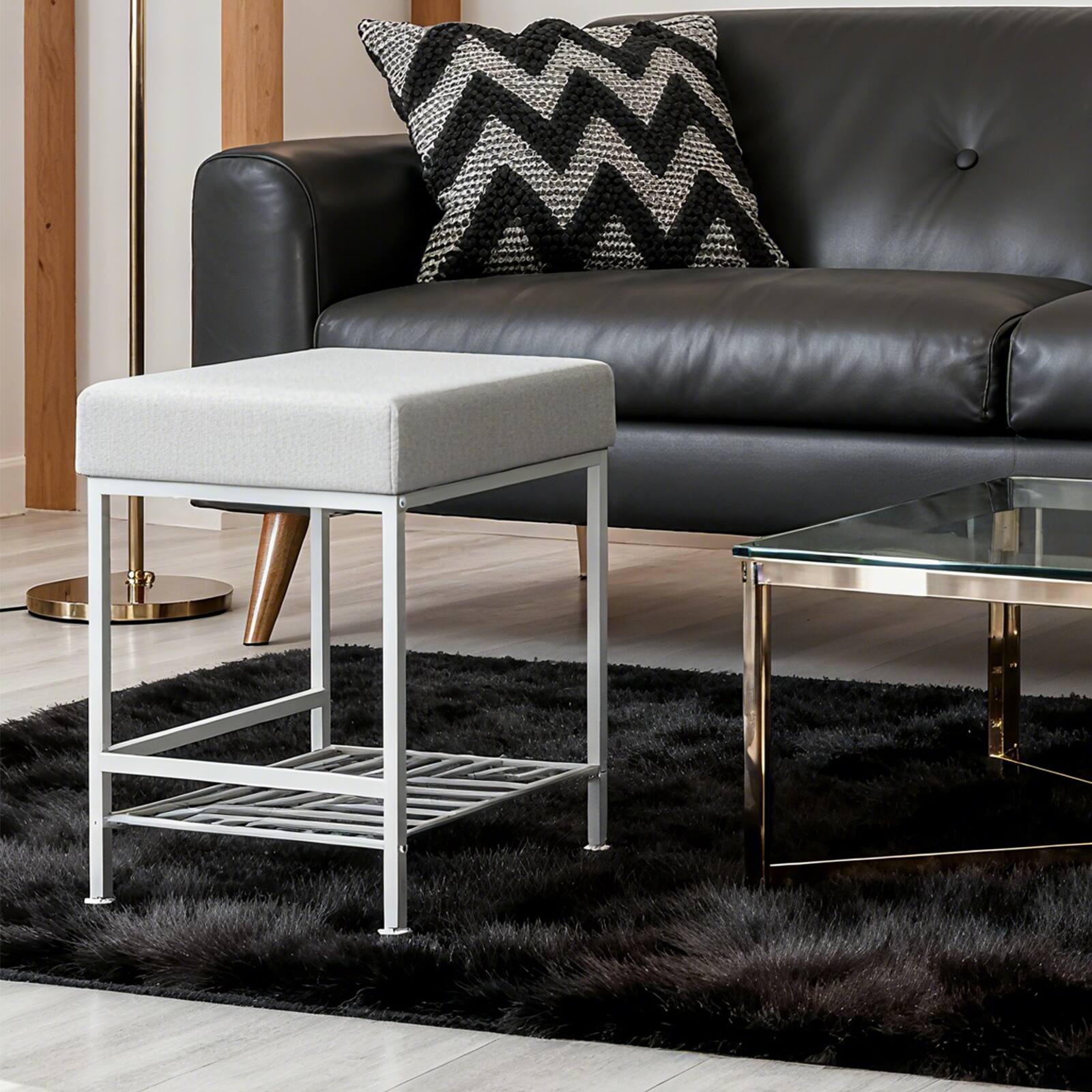 Angle. Oumilen - PU Padded Entryway Shoe Bench with Metal Frame & Lower Shoe Rack, White - White.