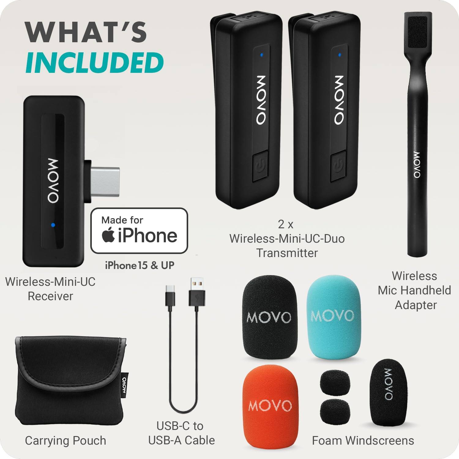 **WHAT'S INCLUDED**

- Made for iPhone 15 & UP
- Wireless-Mini-UC Receiver
- 2 x Wireless-Mini-UC-Duo Transmitter
- Wireless Mic Handheld Adapter
- Carrying Pouch
- USB-C to USB-A Cable
- Foam Windscreens