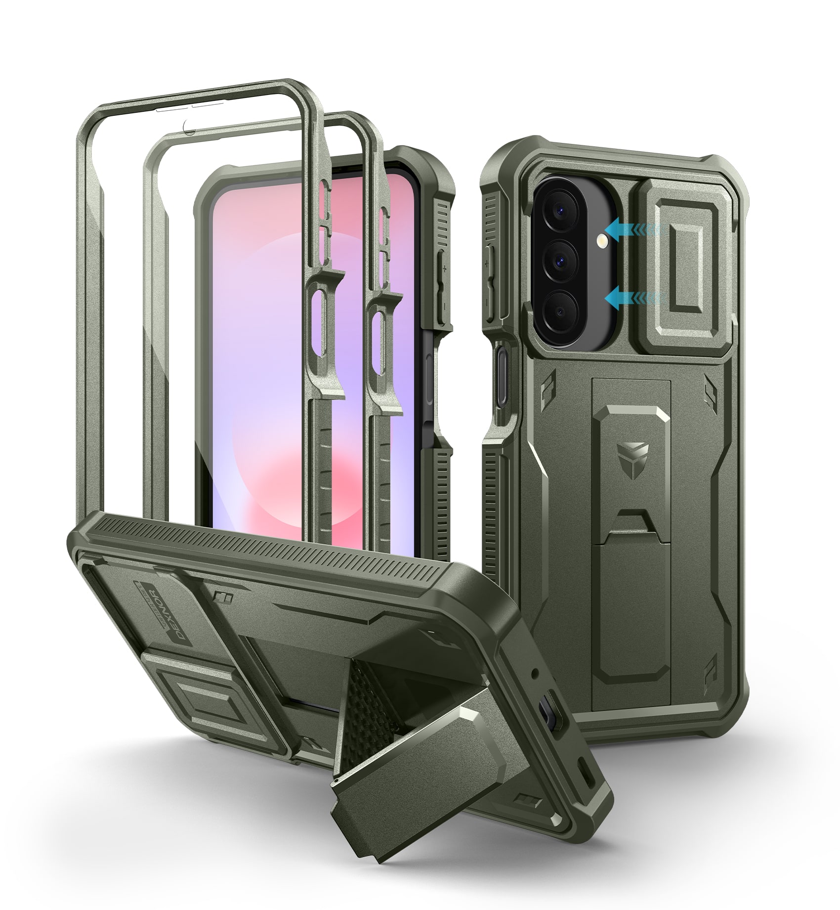 Dexnor - Hard Shell Case for Samsung Galaxy A27 5G with 2 Front Frame & Built-in Magnetic Slide Camera Cover & Kickstand - Army Green