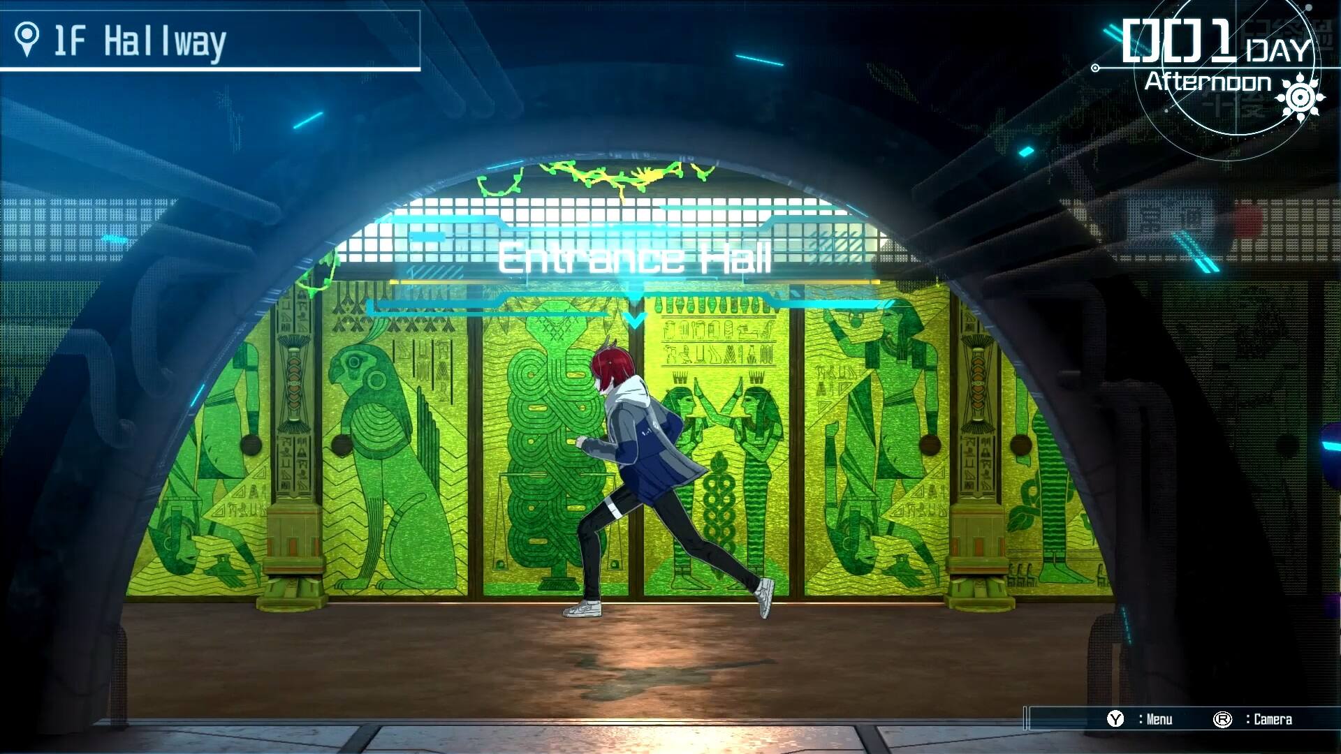 The text on the image reads: "1F I way D0 1 PA YACI Afternoon - Entertainment Hall COMANLAA Thleen M | & : GAANS A H Y : Menu R : Camera."