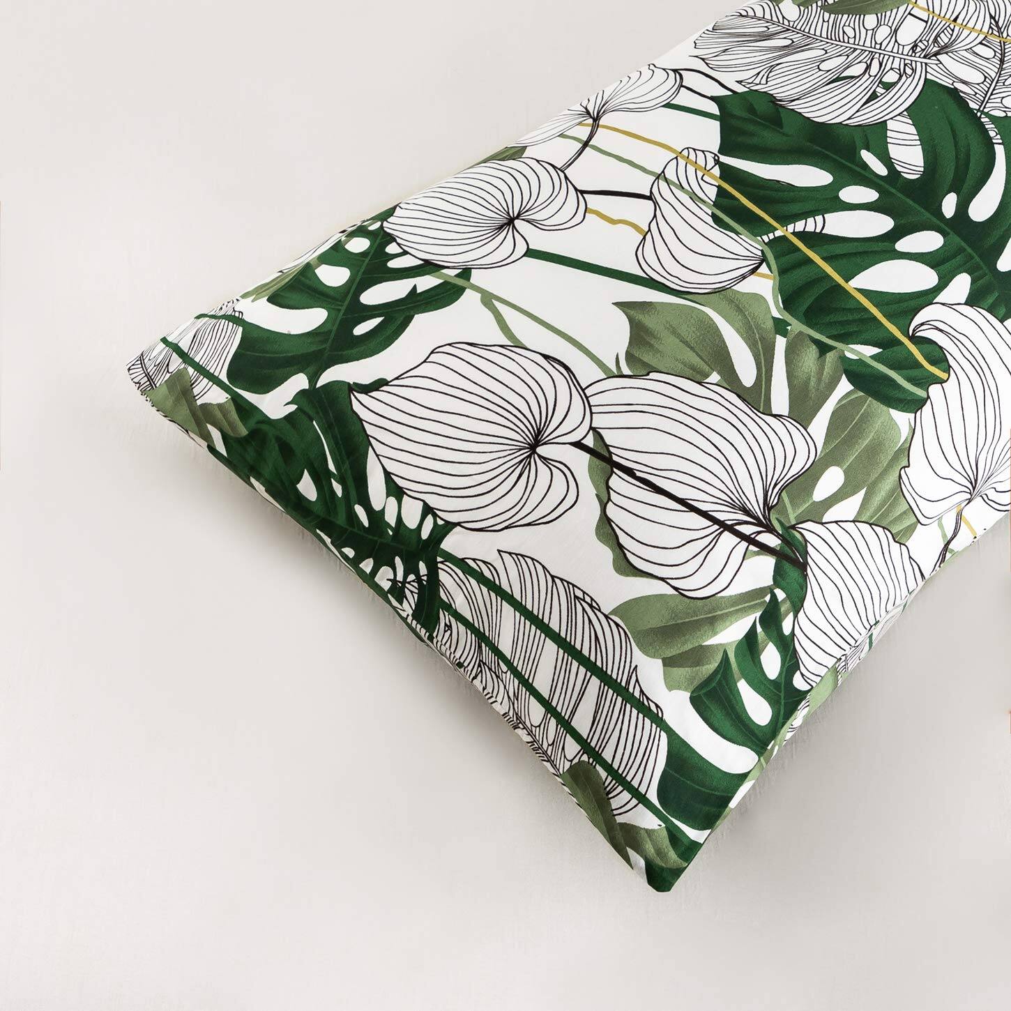 Alt View 2. Fabibe - Pillowcase Cotton Queen Size Set Of 2 Green Botanical Monstera Leaves Print Decorative Bed Pillow Covers With Envelope - Blue Plants-King.