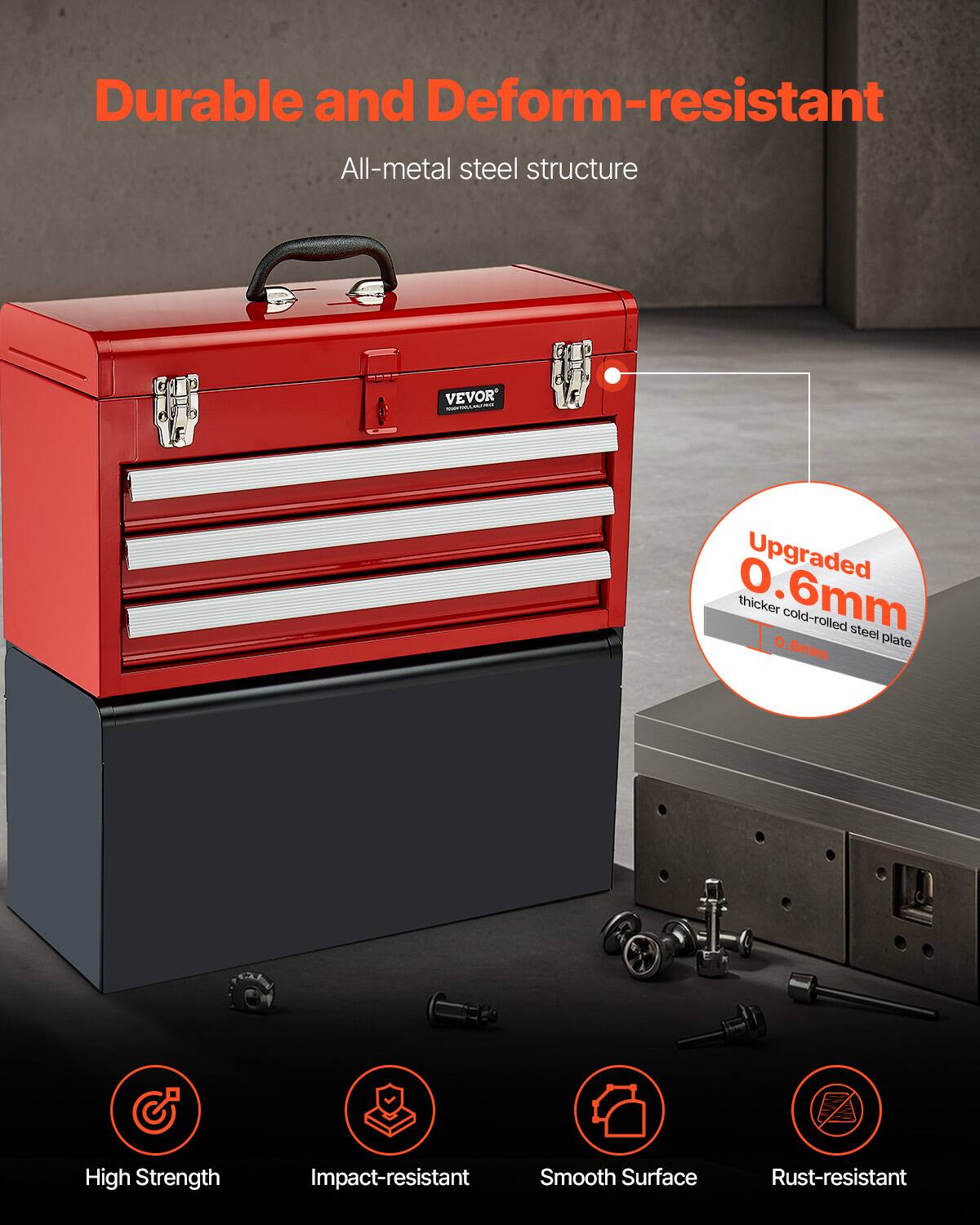 Durable and Deform-resistant  
All-metal steel structure  

Upgraded 0.6mm thicker cold-rolled steel plate  

High Strength  
Impact-resistant  
Smooth Surface  
Rust-resistant