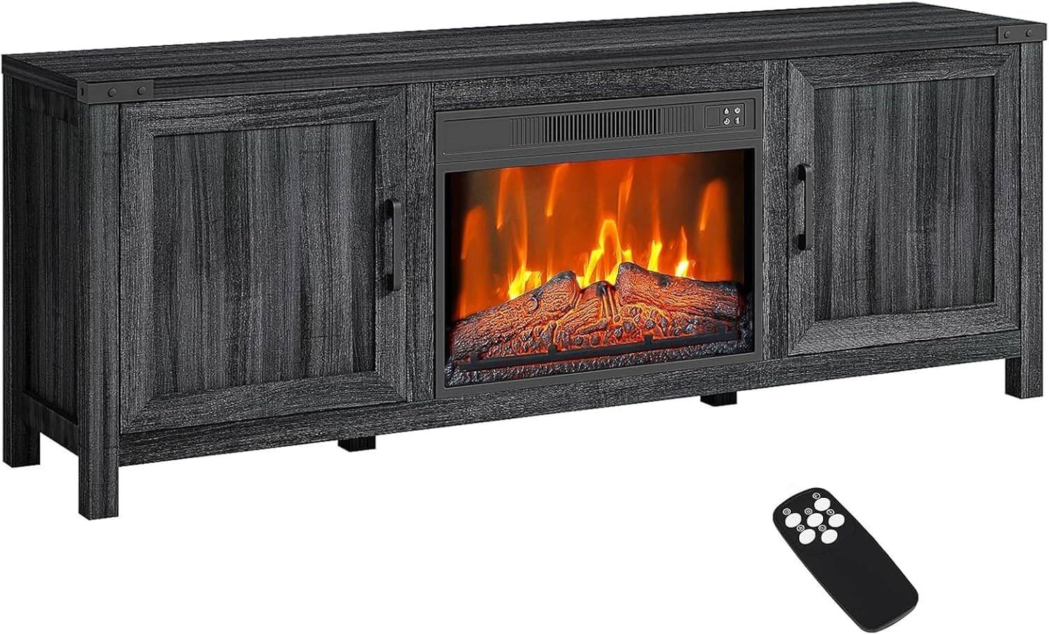 Angle. Acekool - Fireplace TV Stand for 65" TV with Overheat Protection, Remote, LED, Storage Cabinets, Farmhouse Style - Black.