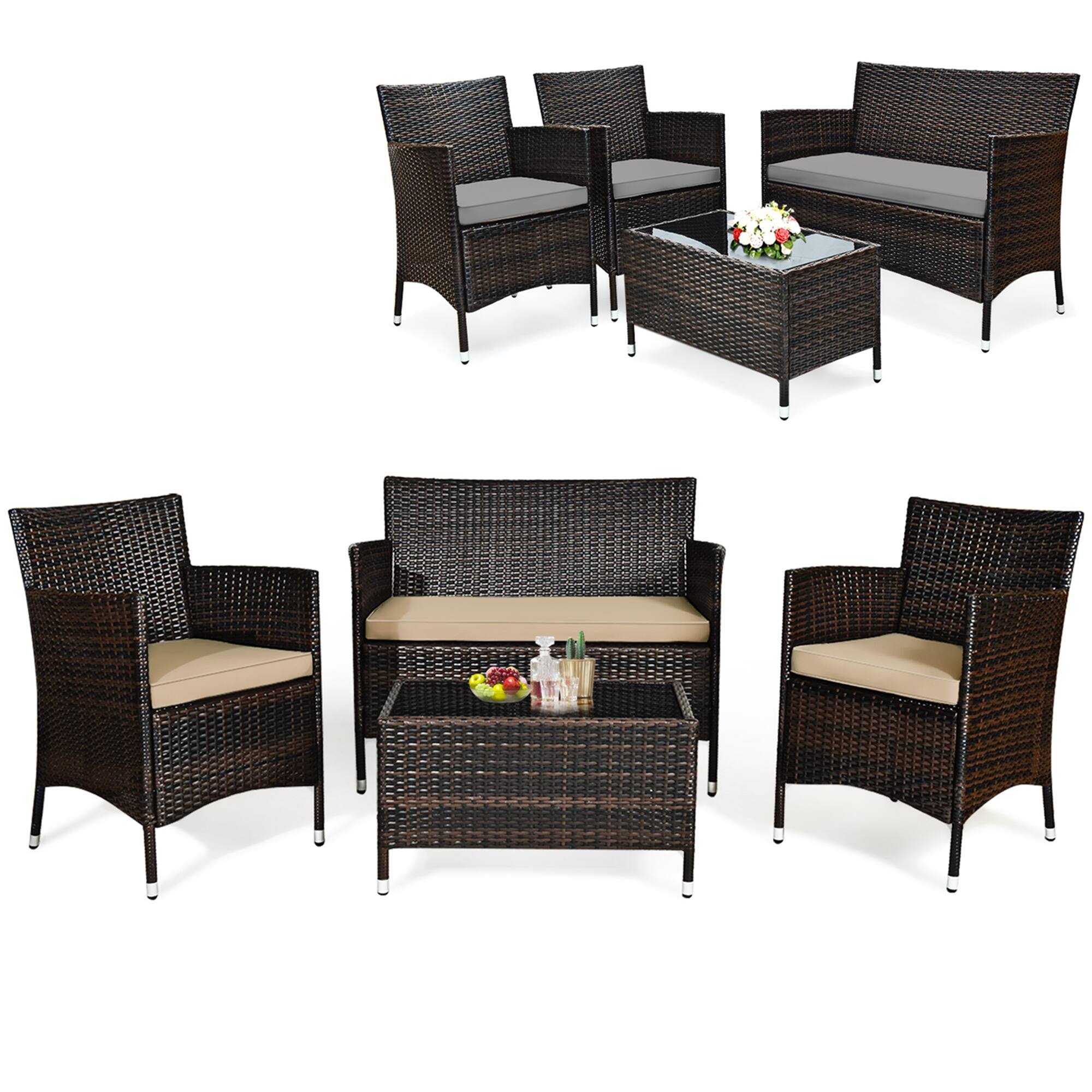 Costway - 4PCS Patio Wicker Furniture Set Sofa Chair with Brown & Grey Cushion Covers Garden - Brown,Grey