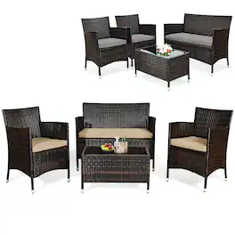 Costway - 4PCS Patio Wicker Furniture Set Sofa Chair with Brown & Grey Cushion Covers Garden - Brown,Grey