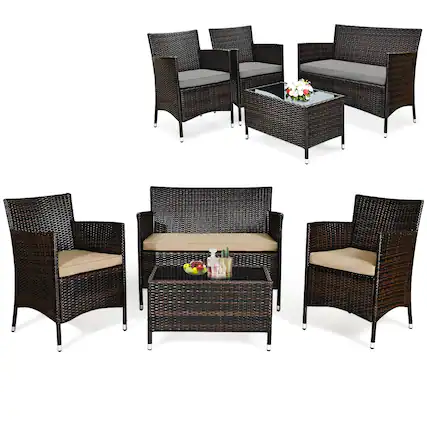 Front. Costway - Costway 4PCS Patio Wicker Furniture Set Sofa Chair with Brown & Grey Cushion Covers Garden - Brown,Grey.