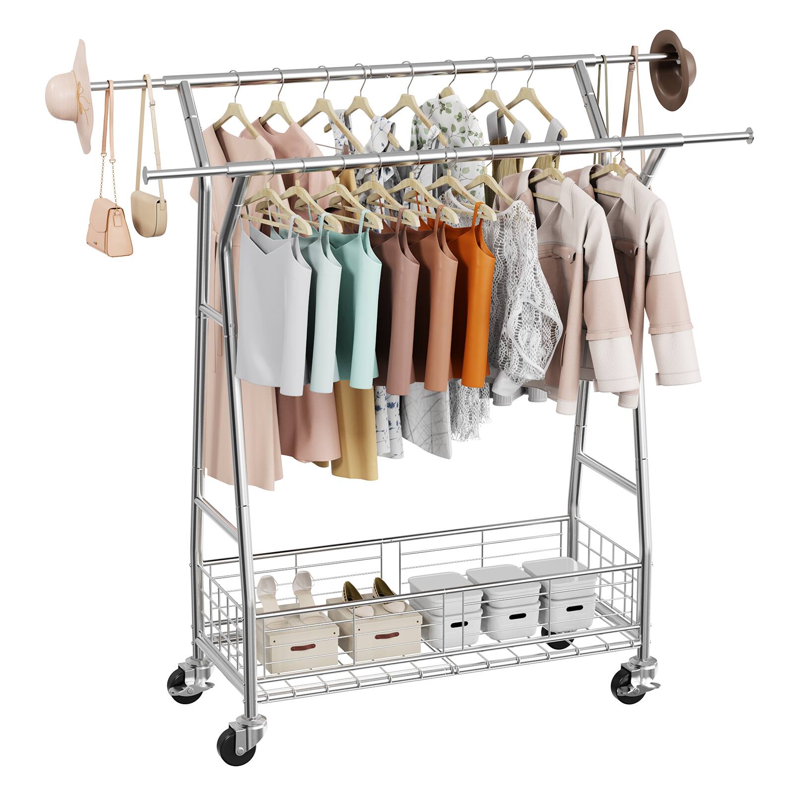 VEVOR - Clothes Rack, Rolling Clothing Garment Rack with 2 Hanging Rods and Storage Basket, 330 lbs Load Capacity - Silver