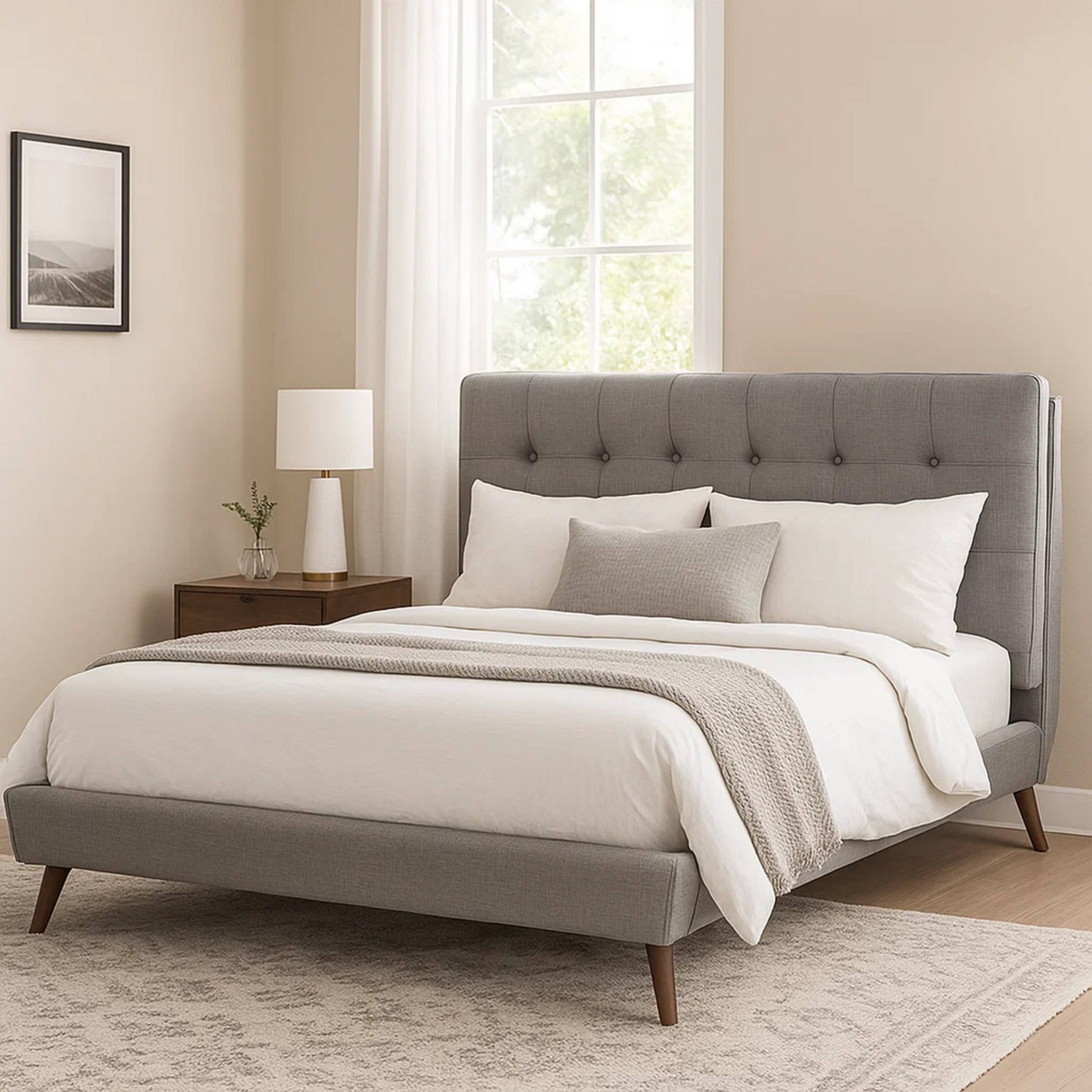 Alt View 2. Manhattan Lane - Levy Full Size Bed, Button Tufted Headboard, Modern Gray Upholstery - Gray, Espresso Brown.