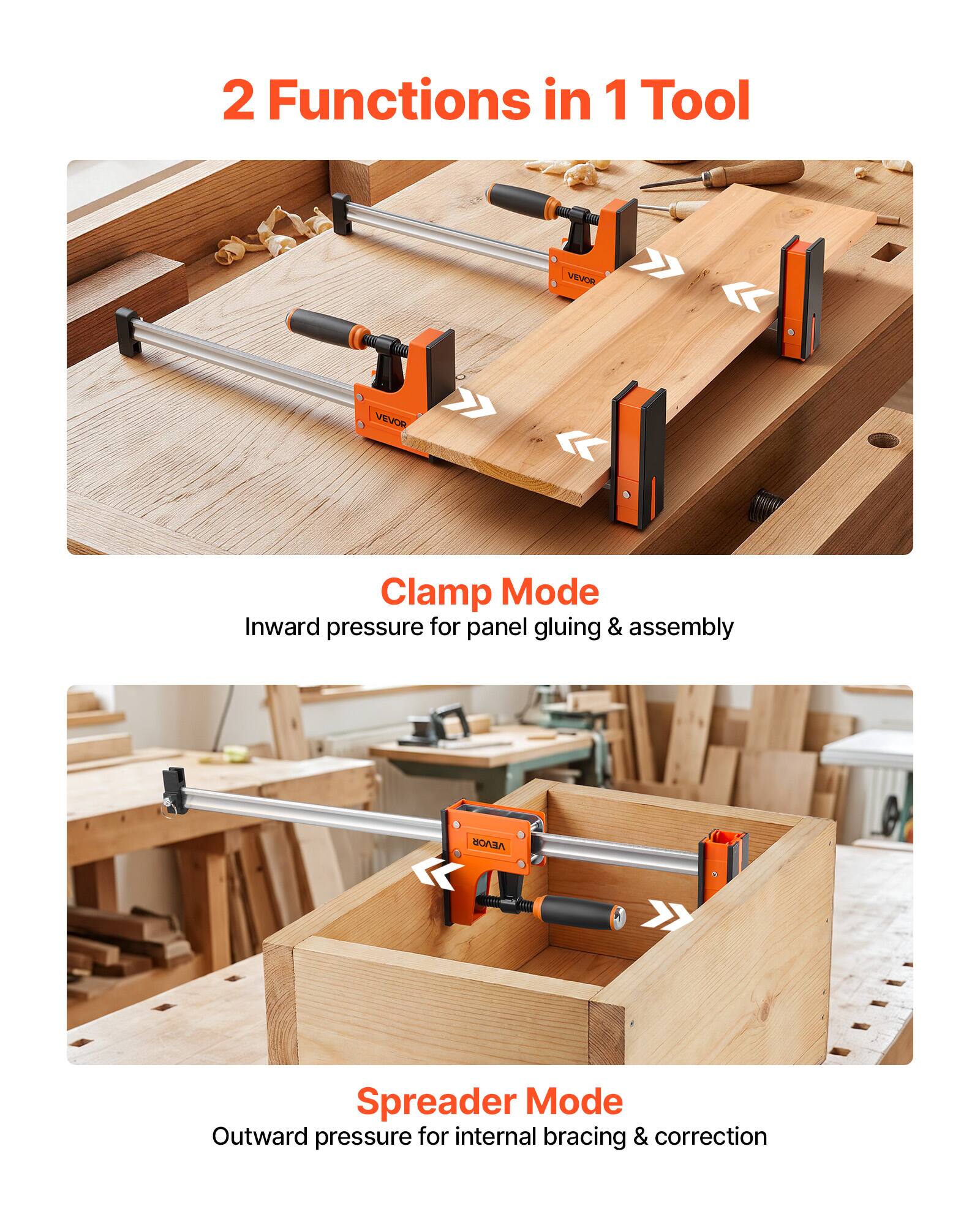 2 Functions in 1 Tool

Clamp Mode
Inward pressure for panel gluing & assembly

Spreader Mode
Outward pressure for internal bracing & correction