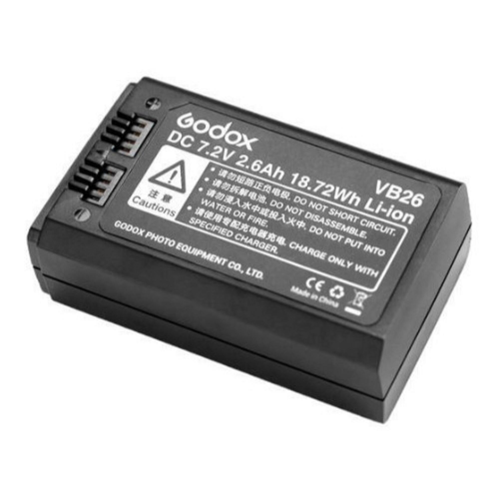 Godox  
DC 7.2V 2.6Ah 18.72Wh  
VB26  
Li-ion  

Caution:  
- Do not short circuit.  
- Do not disassemble.  
- Do not put into fire.  
- Do not charge with anything other than the specified charger.  
- Do not expose to water.  

Made in China  
CE  
Godox Photo Equipment Co., Ltd.