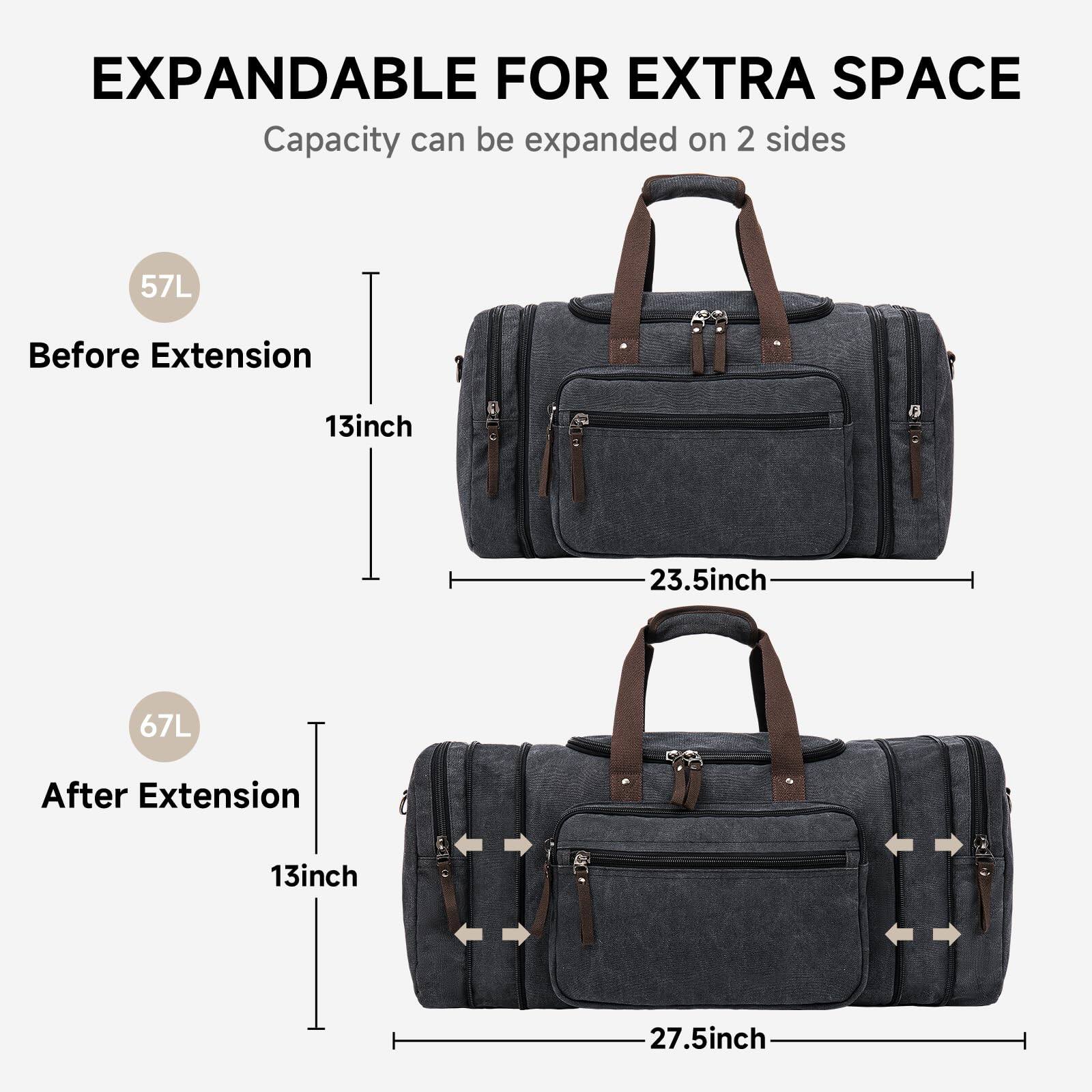EXPANDABLE FOR EXTRA SPACE  
Capacity can be expanded on 2 sides  

57L  
Before Extension  
13inch  
23.5inch  

67L  
After Extension  
13inch  
27.5inch