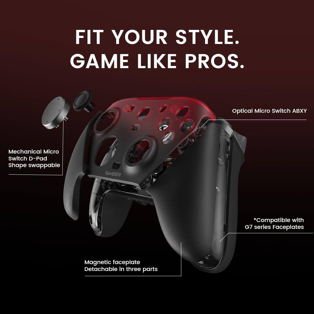 FIT YOUR STYLE.  
GAME LIKE PROS.

- Optical Micro Switch ABXY
- Mechanical Micro Switch D-Pad
- Shape swappable
- Magnetic faceplate
- Detachable in three parts
- *Compatible with G7 series Faceplates