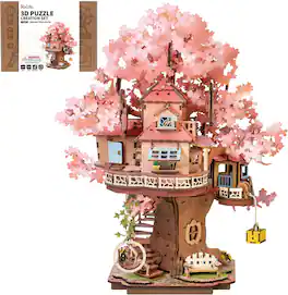 Robotime - Rolife 3D Puzzles for Adults, Cherry Blossom Bonsai Tree Plants, Japanese Sakura Tree House Flowers Building Set - Brown