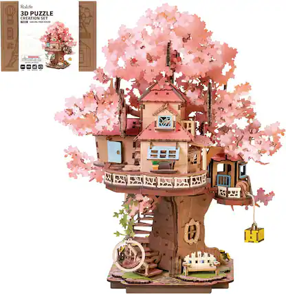 Rolife
3D Puzzle Creation Set
Model: Sakura Tree House
Warning:
- Choking Hazard: Small parts. Not for children under 3 years.
- Not suitable for children under 3 years.
- Keep out of reach of children.
- Adult supervision required.
- Not a toy.
- For decorative purposes only.
- Made in China.
- 56 pieces.
- No glue, no tools required.
- Age: 8+