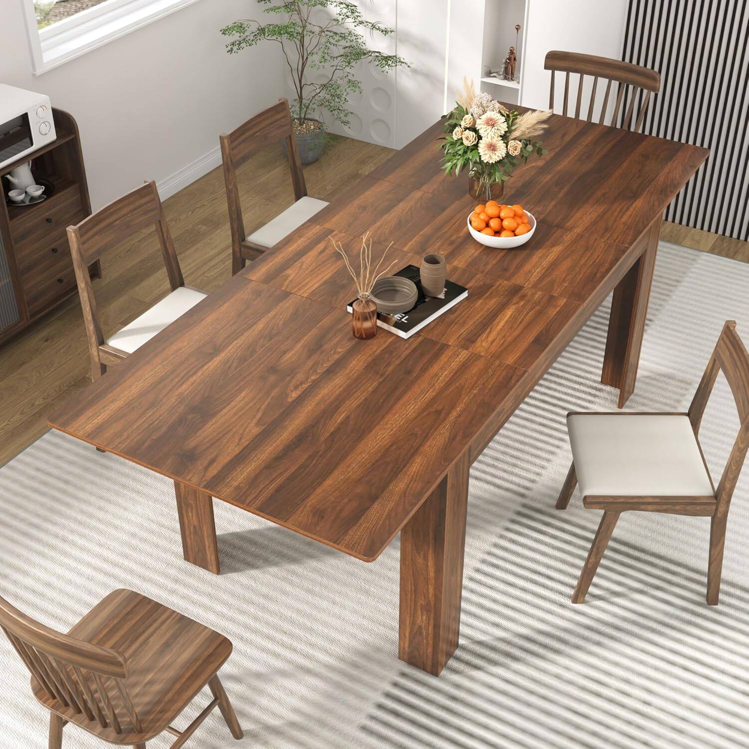 Front. Lent Glitter Wood - Large Mobile Extendable Dining Table for 6-10,Modern Wood Kitchen Table Rectangular Table for Dining Room,Living Room - Walnut.