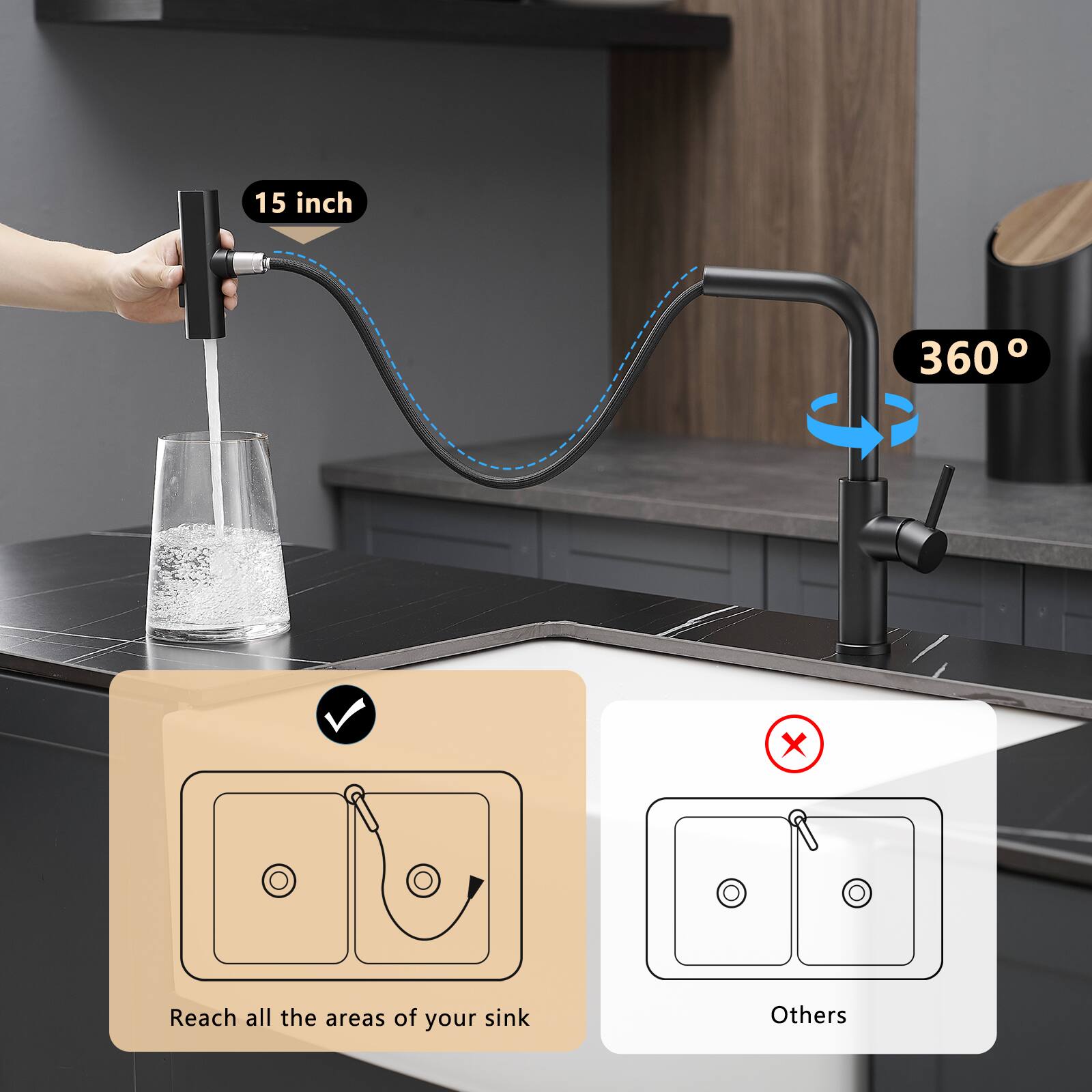 15 inch  
360°  

Reach all the areas of your sink  

Others
