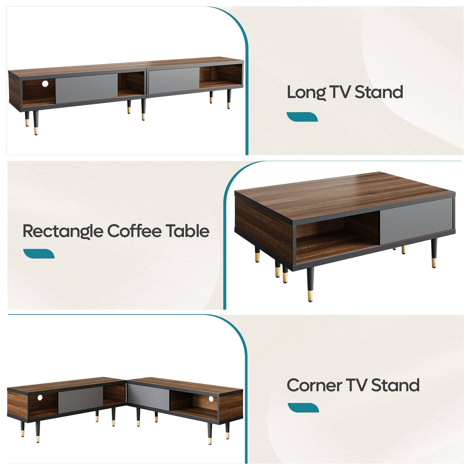 The image shows a collection of tables, including a long TV stand, a rectangle coffee table, and a corner TV stand.