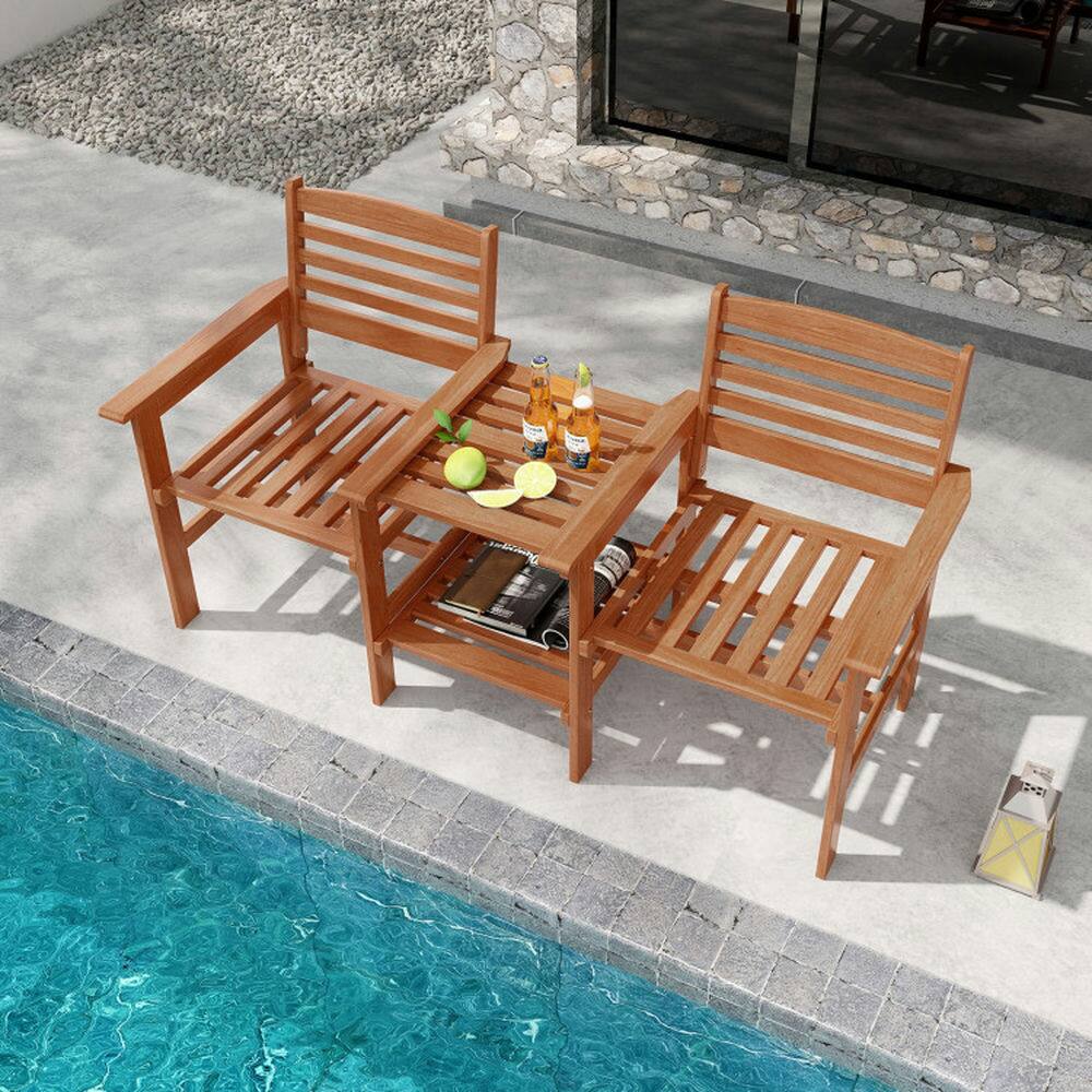 Alt View 1. Pefilos - 3-Piece Outdoor Patio Wood 2-Seat Conversation Set with Solid Wood Construction, Outdoor Bistro Set with Coffee Table - Brown.