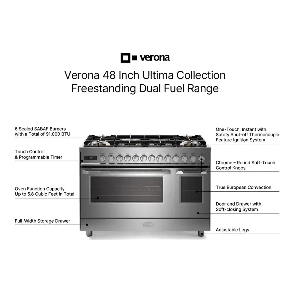 Verona 48 Inch Ultima Collection Freestanding Dual Fuel Range

- 6 Sealed SABAF Burners with a Total of 91,000 BTU
- One-Touch, Instant with Safety Shut-off Thermocouple Feature Ignition System
- Touch Control & Programmable Timer
- Oven Function Capacity Up to 5.8 Cubic Feet in Total
- True European Convection
- Door and Drawer with Soft-closing System
- Full-Width Storage Drawer
- Adjustable Legs
- Chrome - Round Soft-Touch Control Knobs