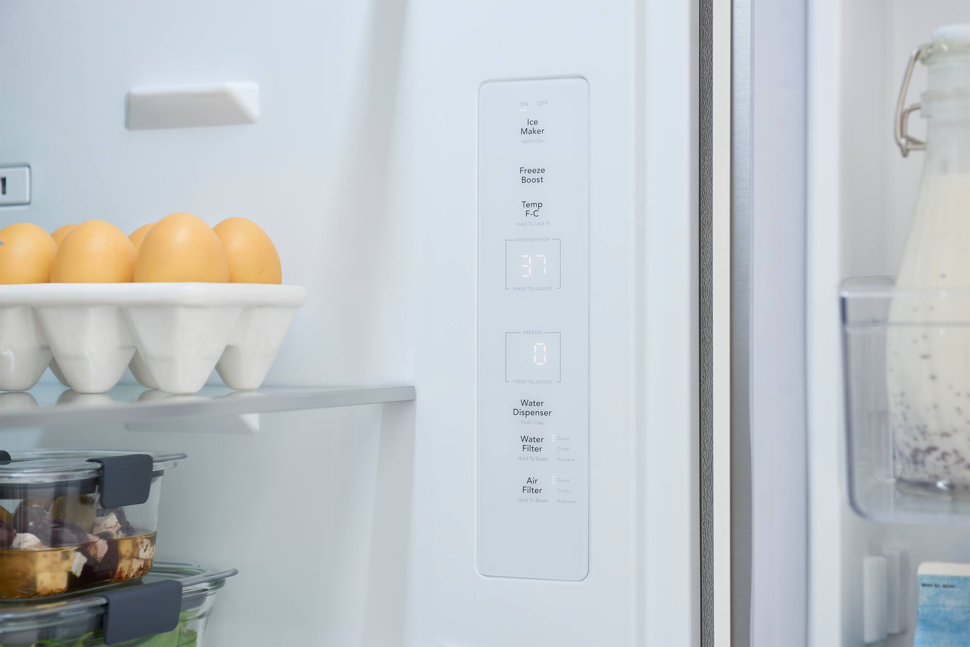 The text on the image reads: "Oh OFF Ice Maker made Sec 1 Freeze Boost Temp F-C Hld le Lack - Refrigerator 37 PRESS - AUTO 10dER 1 PRESS 0 uA Water Dispenser Hood 1 Se Water Filter Replace Air Good Filter Under Refrigerator Door."