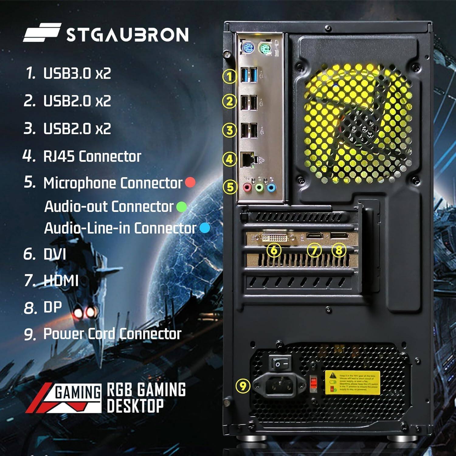 STGAUBRON

1. USB3.0 x2  
2. USB2.0 x2  
3. USB2.0 x2  
4. RJ45 Connector  
5. Microphone Connector  
   Audio-out Connector  
   Audio-Line-in Connector  
6. DVI  
7. HDMI  
8. DP  
9. Power Cord Connector  

GAMING RGB GAMING DESKTOP