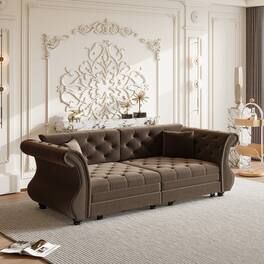 Anysun - 83.8" Oversized Velvet Chesterfield Pull-Out Sofa Bed - Classic Roll Arm, Flower Tufting for Living Room - Brown