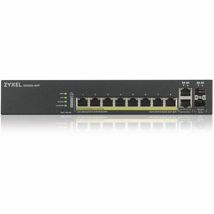 ZYXEL GS1920-8HP

- 8 Gigabit Ethernet Ports
- 10/100/1000Base-T Ports
- 10/100/1000Base-T Port 1-8
- Right LED Mode: GAT
- Left LED Mode: ACT
- Cloud Mode
- Locator
- Power LED
- System LED
- Reset/Restore Button
- 10/100/1000Base-T Port 1-8
- 10/100/1000Base-T Port 1-8
- 10/100/1000Base-T Port 1-8
- 10/100/1000Base-T Port 1-8
- 10/100/1000Base-T Port 1-8
- 10/100/1000Base-T Port 1-8
- 10/100/1000Base-T Port 1-8
- 10/100/1000Base-T